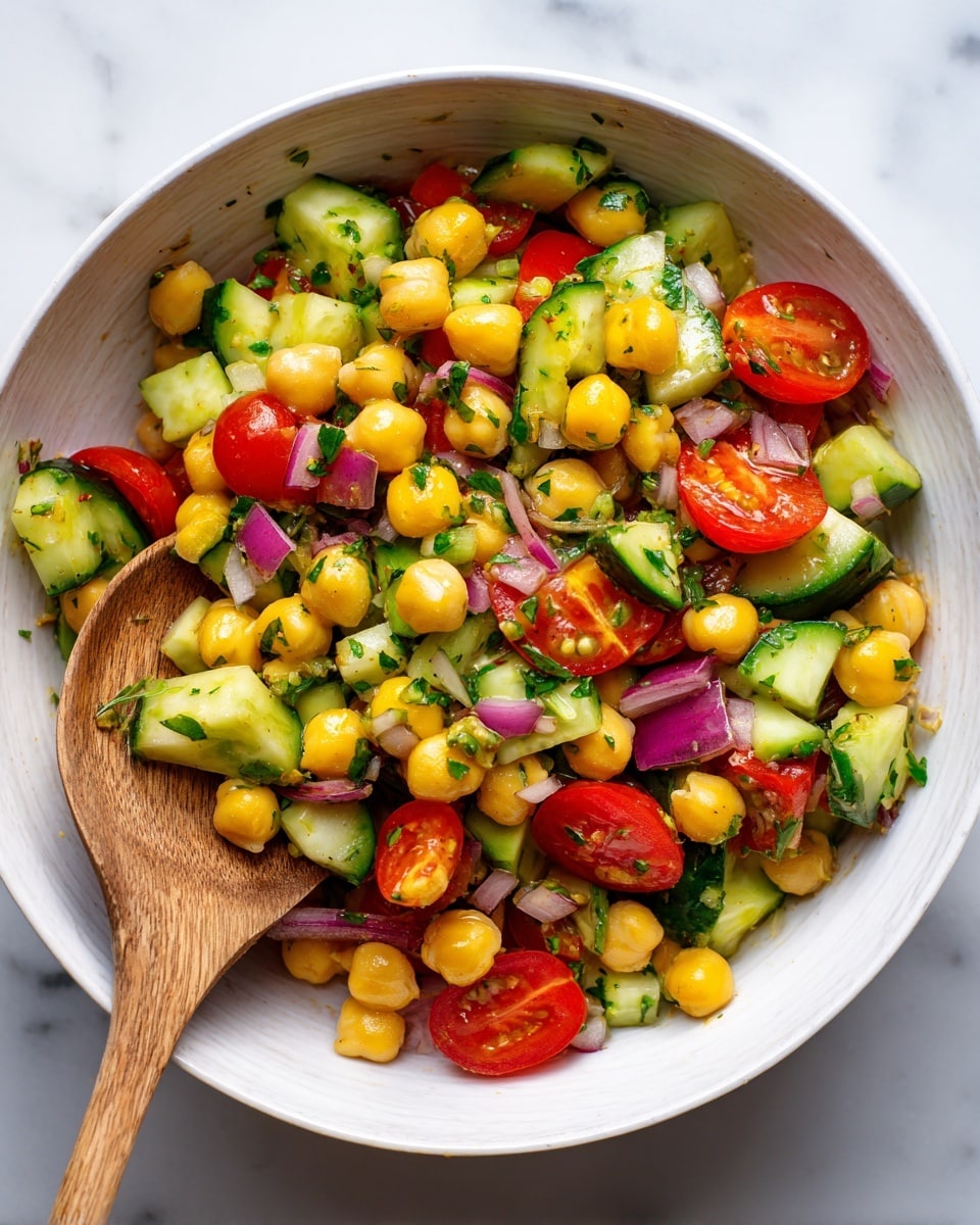 A white bowl filled with a colorful salad made of three main layers: the bottom layer has chopped bright green cucumbers and green bell peppers, the middle layer is made of light beige chickpeas scattered evenly, and the top layer has vibrant red cherry tomatoes halved and mixed with small pieces of fresh green parsley, all sprinkled lightly with cracked black pepper. The bowl sits on a surface with white marbled texture, surrounded by a wooden salad spoon with carved holes, a pepper grinder, a white bowl filled with diced avocado and onion, a bunch of fresh parsley, and half a lemon. A few chickpeas are scattered casually on the surface near the bowl. photo taken with an iphone --ar 4:5 --v 7