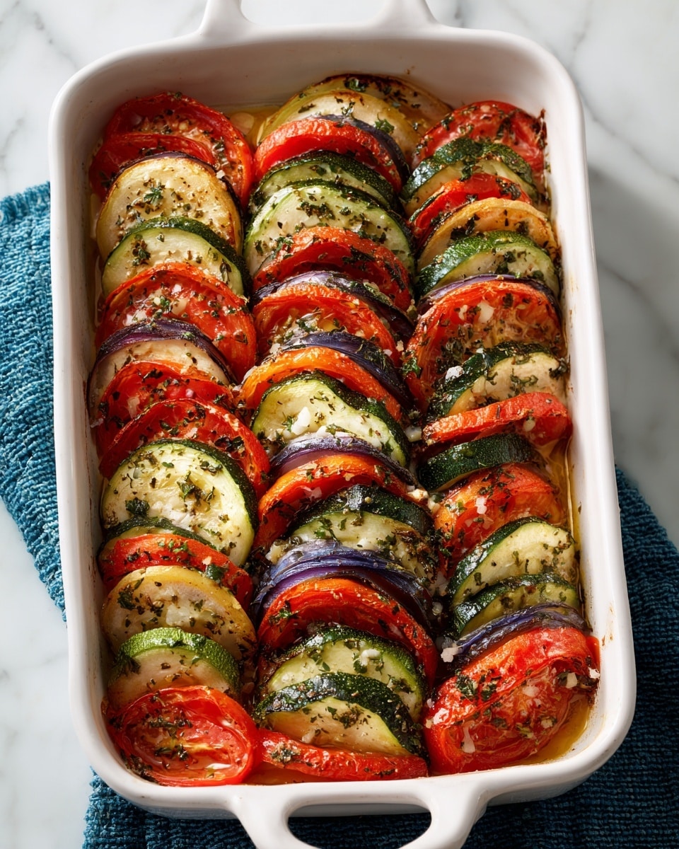 A white bowl holds a layered vegetable dish arranged in a circular pattern with five layers visible: bright red tomato slices on top, followed by a mix of green zucchini slices and pale yellow eggplant slices, then some purple-red onion slices, more tomato slices, and a few more zucchini and eggplant pieces peeking out from underneath. The vegetables are cooked with a shiny, slightly oily sauce that pools at the bottom of the bowl. A gold-colored spoon rests inside the bowl. The bowl sits on a dark blue cloth with frayed edges, placed on a white marbled surface. Photo taken with an iphone --ar 4:5 --v 7