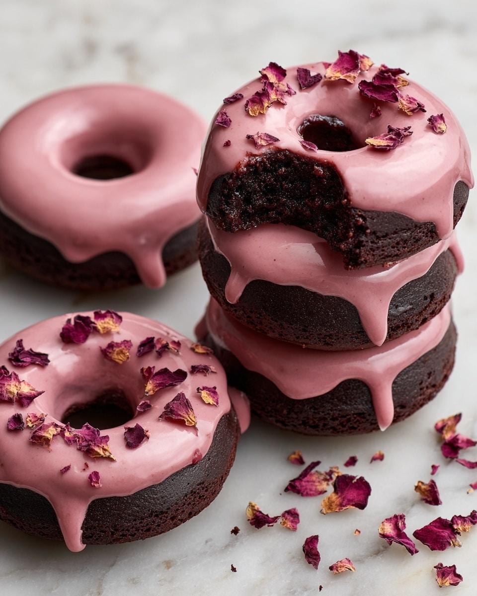 The image shows five dark chocolate donuts placed on a sheet of parchment paper over a white marbled surface. Each donut has one thick layer of pale pink frosting on top, which is smooth with a shiny texture. Scattered on the frosting are small, colorful dried flower petals in shades of purple, red, and yellow, giving a delicate and artistic touch. The donuts are arranged casually, with one in the front very clear and the rest slightly out of focus in the background, creating a soft depth effect. photo taken with an iphone --ar 4:5 --v 7