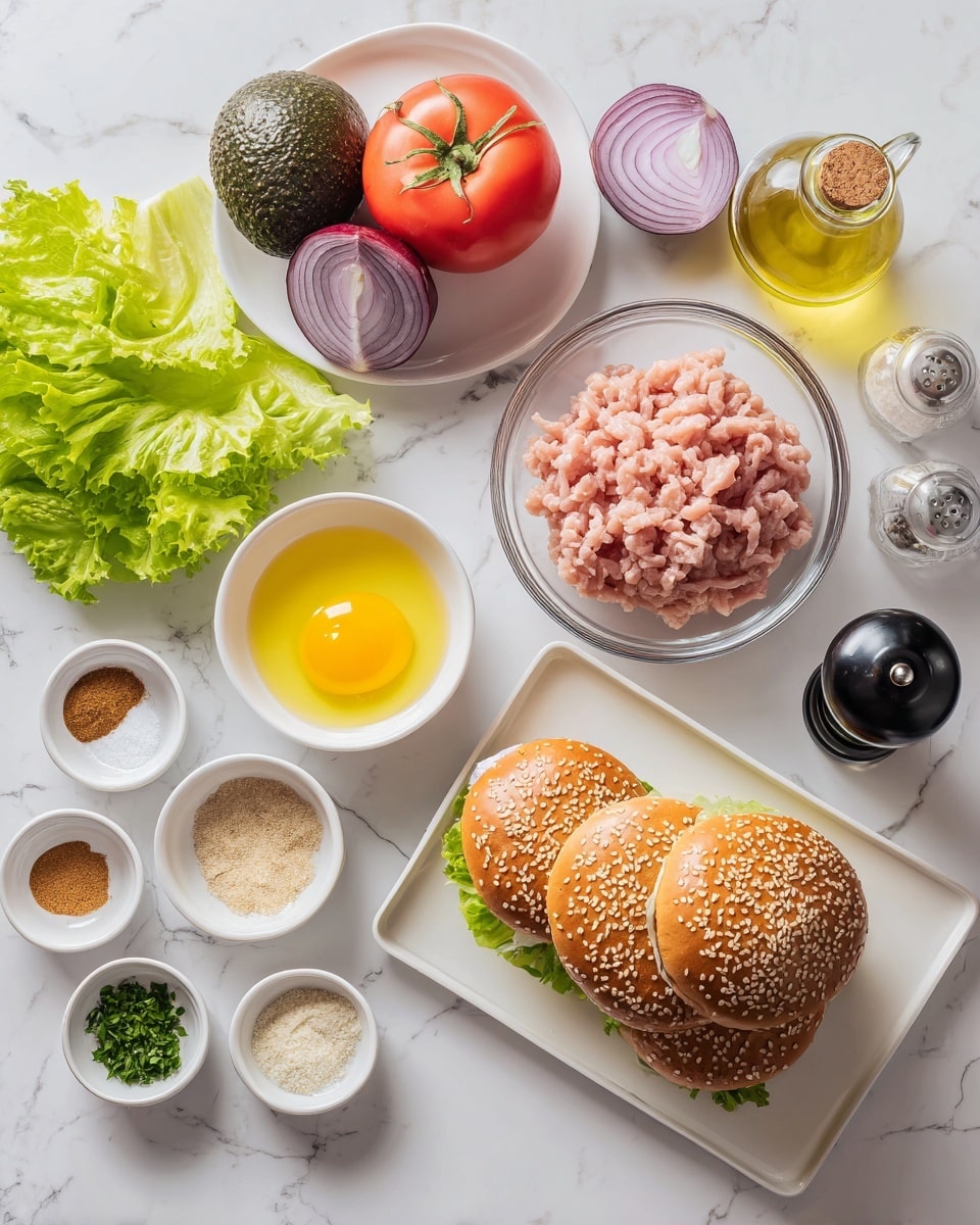 The image shows ingredients arranged on a white marbled surface. On the left, a white plate holds a red tomato, a dark green avocado, a slice of purple onion, and green lettuce leaves. Below it, a white rectangular tray carries four stacked sesame seed burger buns with a golden brown color. Towards the right, a clear glass bowl contains raw ground chicken with a pinkish tone. Near the center, a small white bowl holds a beaten yellow egg mixture. Surrounding these are small white bowls with different spices, including a brown powder, light tan powder, and chopped green herbs. A small black pepper grinder, a salt shaker, and a glass bottle of olive oil complete the setup. Photo taken with an iphone --ar 4:5 --v 7