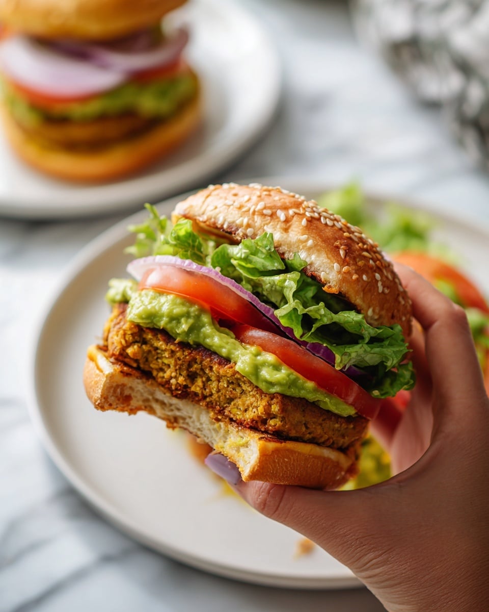 A burger held by a woman's hand shows a sesame seed bun with a bite taken out of the top right side, revealing layers inside. The first layer is a light brown patty with a rough texture, followed by a thick spread of bright green avocado. Above the avocado is a fresh, ruffled green lettuce leaf, topped with a slice of red tomato. In the blurry background, another similar burger sits on a white plate on a white marbled surface, with rings of red onion visible on another white plate behind it. Photo taken with an iphone --ar 4:5 --v 7