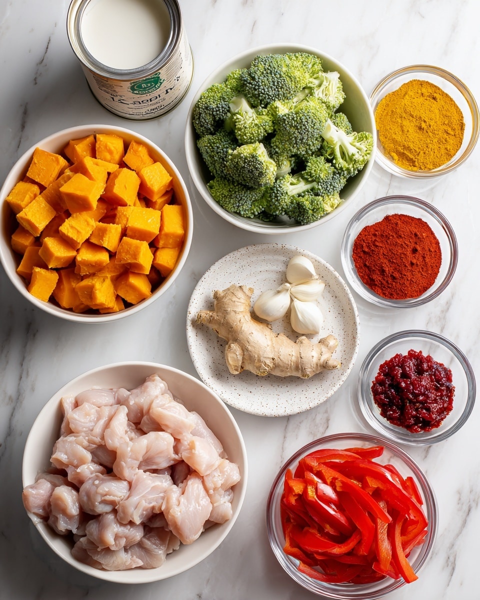 A white bowl filled halfway with cooked white rice sprinkled lightly with green herb pieces on the left side, and a thick orange curry on the right side that contains visible bright green broccoli florets, orange chunks of sweet potato, and slices of red bell pepper, topped with a lime wedge resting on the rice at the bottom left edge; the bowl sits on a white marbled surface with a cloth towel in the background. photo taken with an iphone --ar 4:5 --v 7