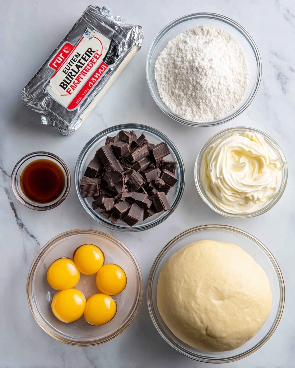 The image shows baking ingredients arranged on a white marbled surface. On the top left is a silver and black wrapped pack of European style butter with red and white lettering. Next to it is a clear round bowl filled with white granulated sugar. Below that is a smaller clear round bowl filled with brown vanilla extract. Below the butter pack is a medium clear round bowl full of chopped bittersweet chocolate chunks. To the bottom left sits another clear round bowl containing five raw eggs with yellow yolks and clear whites. At the bottom center is a clear round bowl filled with heavy whipping cream. To the right side, there is a round, pale yellow ball of pie crust dough. Each ingredient is labeled in simple gray text with white background. The photo taken with an iphone --ar 4:5 --v 7