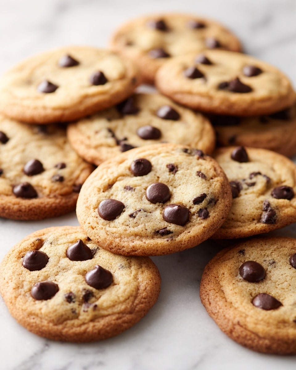 A close-up view of many soft chocolate chip cookies piled on a white marbled surface, each cookie round and golden-brown with a slightly crinkled texture, embedded with large, smooth, dark chocolate chips scattered unevenly across the tops. The cookies overlap naturally, showing a slight thickness and a slightly chewy, tender look to them. photo taken with an iphone --ar 4:5 --v 7