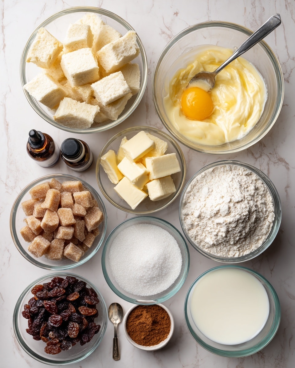 A top-down view of various baking ingredients arranged neatly on a white marbled surface, all in clear glass bowls or containers. At the top left is a bowl filled with cubed white bread, next to it slightly to the right is a bowl of beaten eggs with a fork inside, and further right is a bowl of milk. Below these, from left to right, are smaller bowls each containing raisins, chunks of butter, granulated white sugar, and fine white powder, most likely flour. At the bottom left is a bowl with brown sugar, next to it a small bowl containing a brown powder and a spoon, then a small dark dropper bottle, and finally a bowl filled with cream or a similar white liquid. The light and clear colors highlight each ingredient's texture and form. Photo taken with an iphone --ar 4:5 --v 7