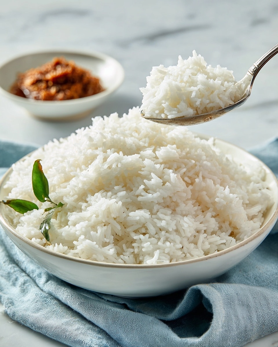 A large white bowl filled with fluffy white rice piled high, with a small green leaf on the side adding a pop of color. A spoon holding a scoop of the white rice is lifting from the bowl. In the background, there is a smaller white bowl containing a brownish, textured sauce or paste. The bowls are placed on a soft light blue cloth, and the surface underneath has a white marbled texture. Photo taken with an iphone --ar 4:5 --v 7