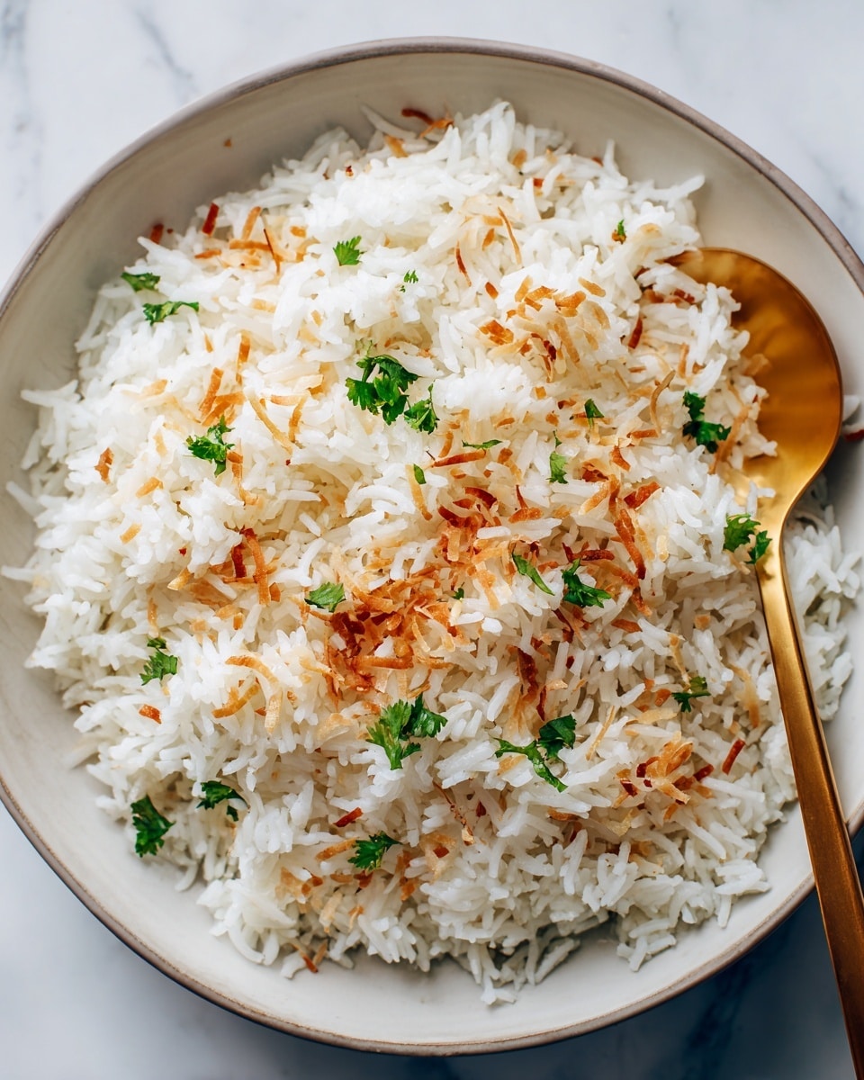 This image shows a close-up of a large white bowl filled with fluffy white cooked rice. There are three green onion stalks tied into small knots and placed on top of the rice, adding contrast with their shiny, deep green color. A silver fork is partially stuck into the rice near the bottom right corner of the bowl, with some rice grains clinging to it. The bowl sits on a white marbled surface, creating a clean and simple background. The photo taken with an iphone --ar 4:5 --v 7