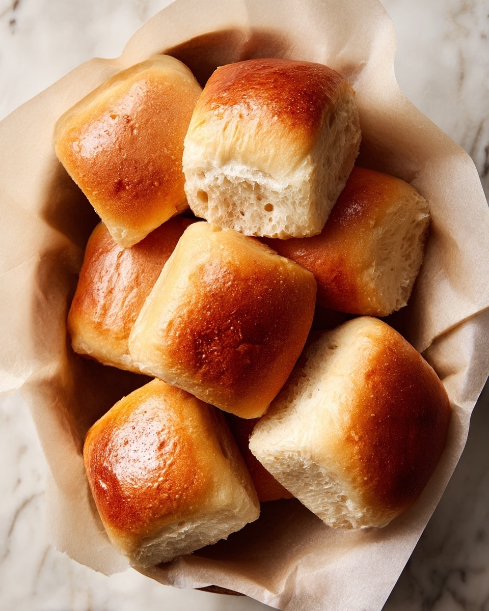 A round white bowl lined with light brown parchment paper holds five soft bread rolls. The rolls are light golden-brown on top with a smooth, shiny surface showing a slight crust, while the sides and bottoms are paler and softer in texture. The rolls have a slightly irregular square shape with rounded edges. The bowl sits on a white marbled surface, and the lighting highlights the fresh, warm look of the bread. photo taken with an iphone --ar 4:5 --v 7