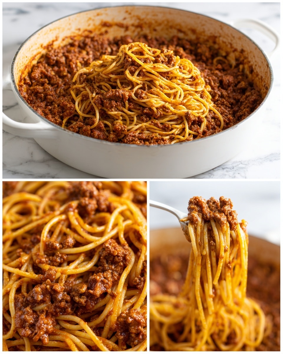 The image shows three close-up views of spaghetti pasta mixed with browned ground meat in a white pan. The pasta is light yellow, long, and thin, piled on top of the brownish meat sauce in the pan. The spaghetti strands look soft and shiny with a smooth texture. One view shows a white spoon lifting some of the pasta and meat mixture, while another close-up highlights the pasta coils tangled with bits of meat. The background features a white marbled surface. Photo taken with an iphone --ar 4:5 --v 7