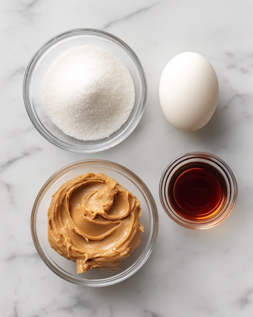 The image shows four clear glass bowls on a white marbled surface. The largest bowl at the top left holds white granulated sugar. Below it is a medium bowl filled with smooth, light brown peanut butter. To the right, a smaller bowl contains a single white egg, and next to it, the smallest bowl holds a dark amber liquid, likely vanilla extract. The bowls are evenly spaced and neatly arranged in a rectangular layout. photo taken with an iphone --ar 4:5 --v 7