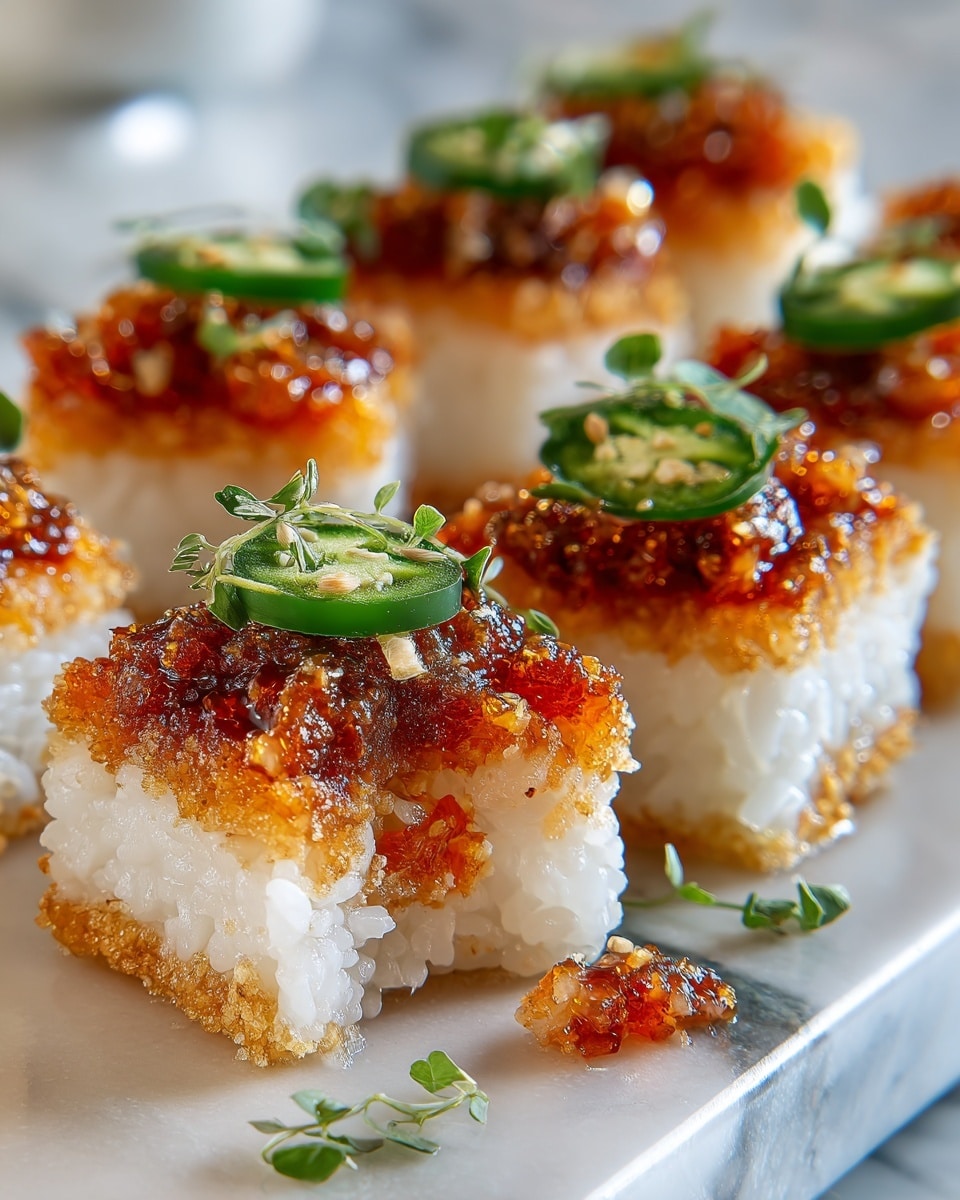 The image shows a white plate with several small sushi stacks, each made of two layers. The bottom layer is a round, crispy rice cake with a golden-brown color and a textured surface. On top of this is a chunky, bright orange mixture that looks soft and sauce-coated, with bits of green herbs mixed in. Each stack is topped with a thinly sliced green chili pepper or jalapeño ring. One stack in the front has a bite taken out of it, revealing soft white rice inside the crispy bottom layer. The plate sits on a white marbled surface with a blurred bowl of green herbs in the background. photo taken with an iphone --ar 4:5 --v 7