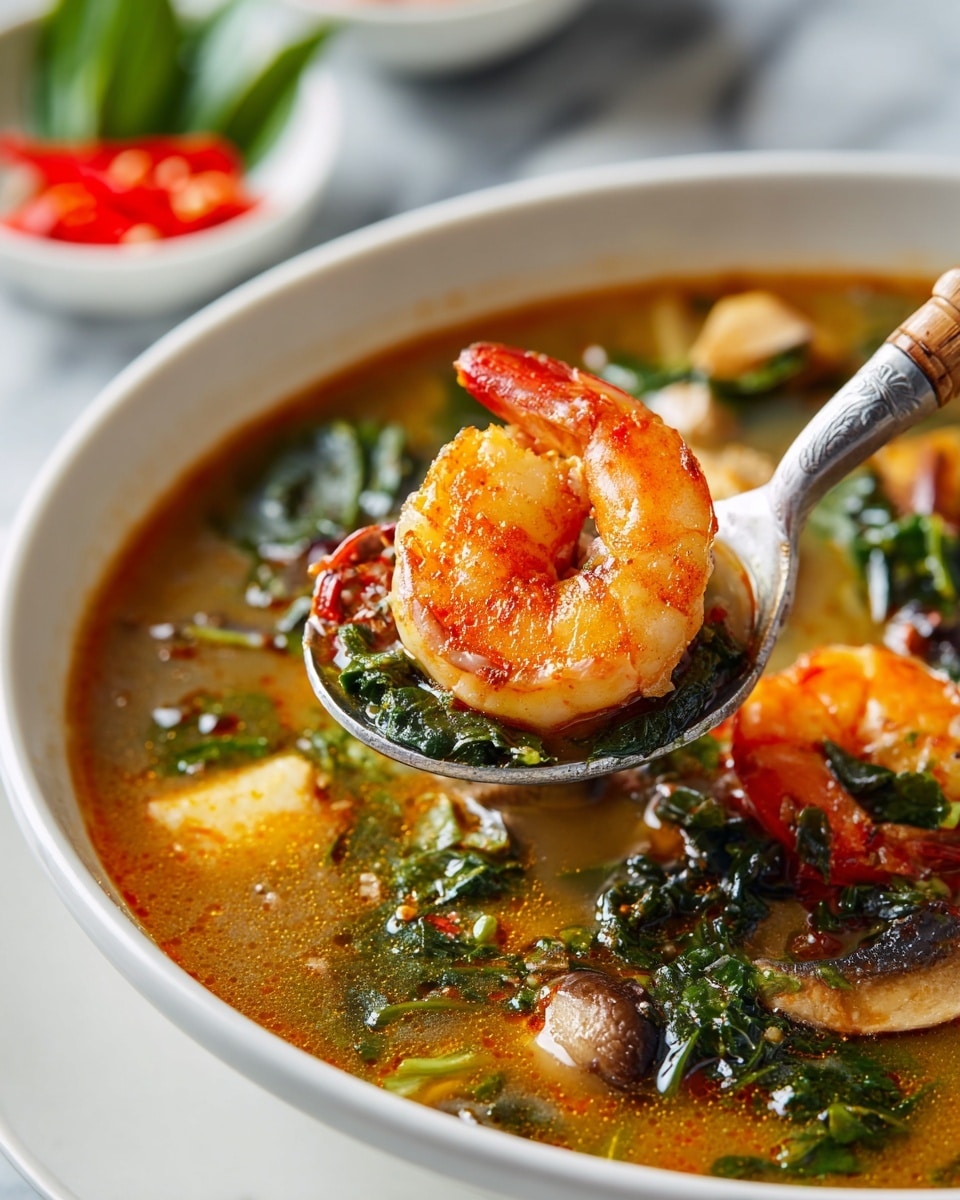 A close-up image of a white plate filled with a soup that has an orange-brown broth and contains mushrooms and green leafy vegetables. On a silver spoon with a wooden handle, a large orange-pink shrimp sits on top of some green leaves and mushrooms, lifted just above the bowl. In the blurred background, two small white bowls hold green leafy herbs and red chili peppers, placed on a white marbled surface. The image shows a warm, fresh seafood soup with visible textures of shrimp, broth, and vegetables. photo taken with an iphone --ar 4:5 --v 7