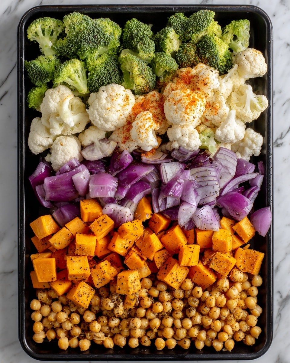 A white bowl holds a colorful roasted vegetable salad layered with three main parts: the bottom layer is creamy white sauce spread evenly, topped by a mix of roasted chickpeas that are golden brown, bright orange sweet potatoes, green broccoli florets with some char, white roasted cauliflower, and purple onion wedges. The vegetables have a slightly crispy texture with some browned spots. The dish is garnished with finely chopped green herbs scattered on the creamy base around the vegetables. The bowl sits on a wooden board with a white marbled surface in the background. photo taken with an iphone --ar 4:5 --v 7