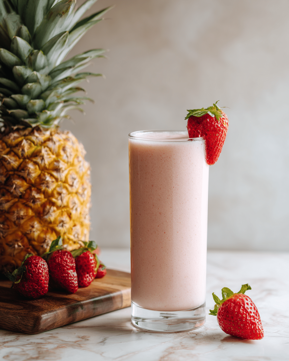 A tall clear glass filled with a creamy light peach-colored smoothie with small specks throughout, garnished with a whole bright red strawberry on the rim; in the background, there is a large green pineapple and several red strawberries on a wooden board, all placed on a white marbled surface with a plain light gray background, photo taken with an iphone --ar 4:5 --v 7