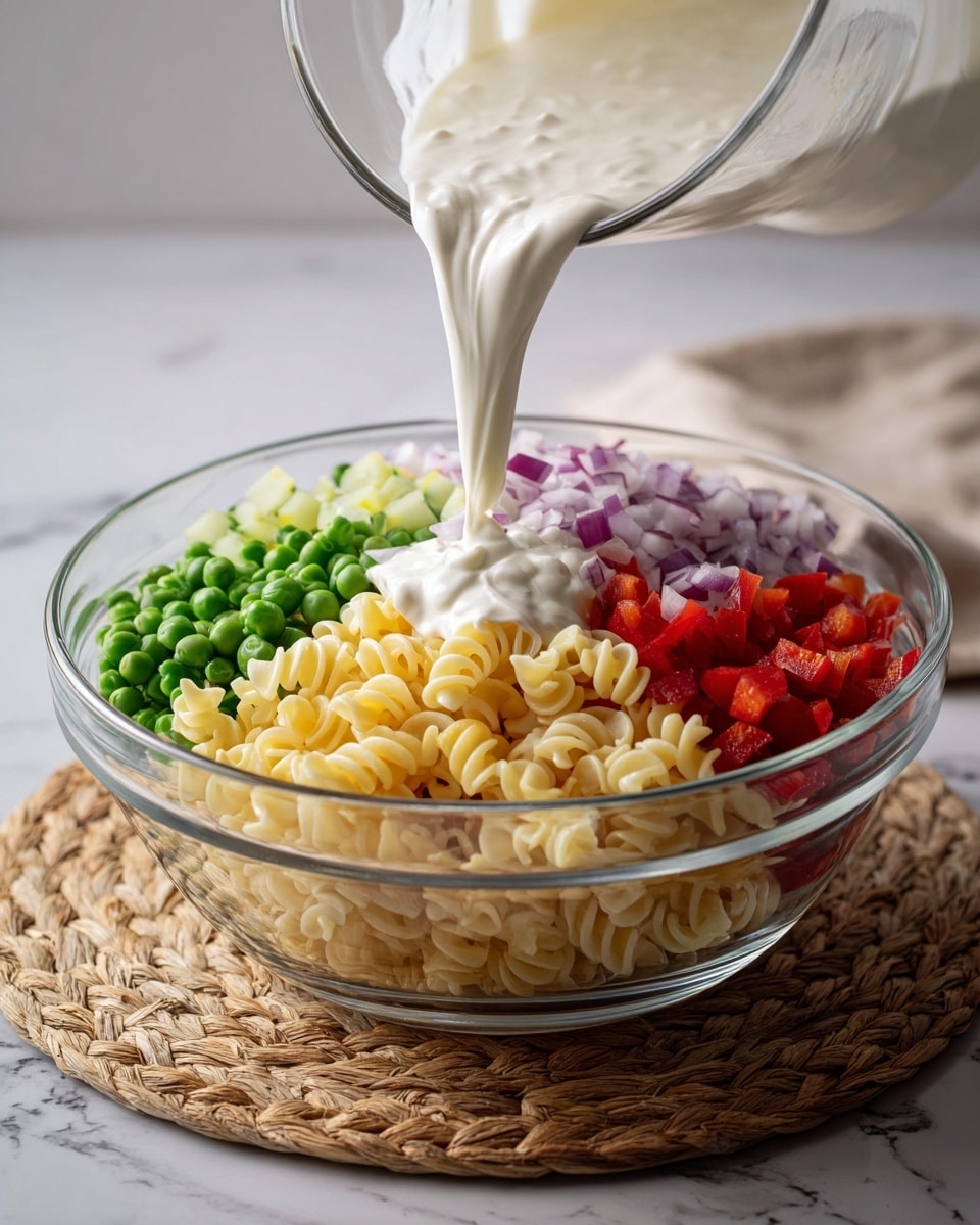 A clear glass bowl holds five layers of ingredients arranged side by side: light yellow elbow pasta, bright green peas, chopped green celery, diced red bell peppers, and finely chopped red onions. On top of the pasta, there is a dollop of white creamy sauce. Above the bowl, more of the white sauce is being poured from a smaller glass container, with the sauce flowing in a smooth, thick stream. The bowl sits on a woven mat with a white marbled surface in the background. Photo taken with an iphone --ar 4:5 --v 7