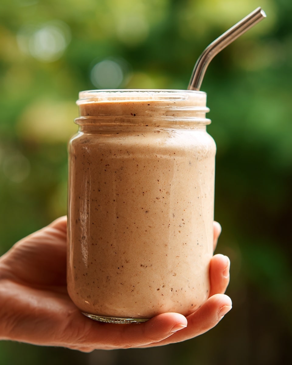 A tall clear glass filled with a thick, light brown smoothie that has tiny darker specks throughout, topped generously with drizzles of creamy caramel sauce that drip down the sides, and sprinkled with small pieces of dark brown chocolate chunks on top. The glass sits on a white marbled surface. photo taken with an iphone --ar 4:5 --v 7