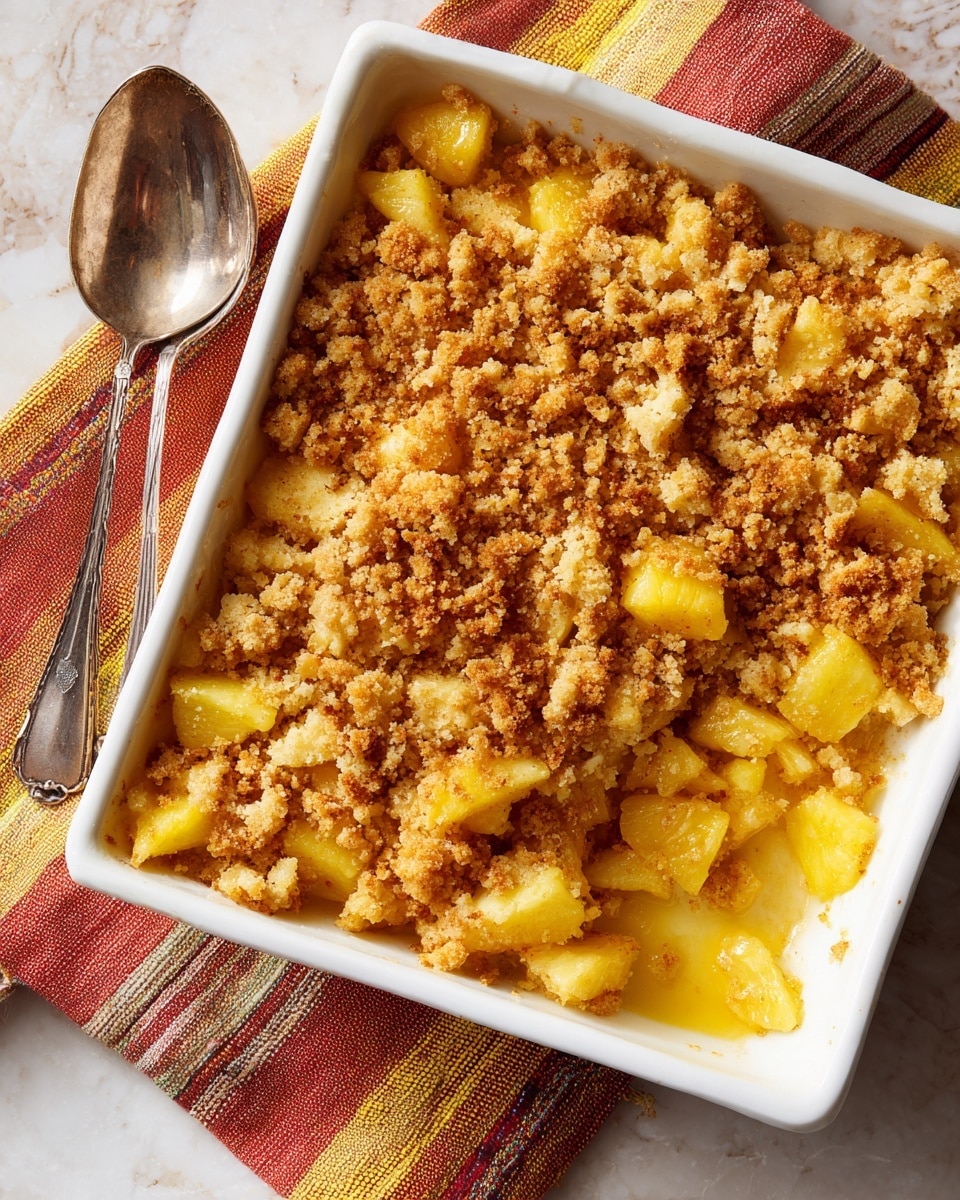 The image shows a square white baking dish filled with a two-layer dessert. The bottom layer is made of yellow pineapple chunks that are slightly shiny, spread evenly across the dish. The top layer is a crumbly, light brown crust with a rough texture, covering the pineapple pieces partially. The dish is placed on a white marbled surface. photo taken with an iphone --ar 4:5 --v 7