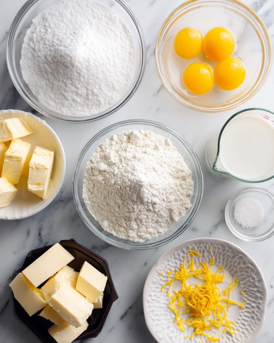 The image shows a top view of several glass and white bowls on a white marbled surface, each holding different baking ingredients. The center bowl contains a white powdery flour with a small mound in the middle. Above it, a bowl holds four bright yellow egg yolks with some clear egg whites. To the left, there is a larger glass bowl full of white sugar and below it is a glass measuring cup with a white liquid, likely milk. At the bottom center, a small white bowl contains a pinch of salt. To the right, a white plate has scattered yellow lemon zest, and next to it, a bowl with a patterned white exterior holds a light yellow liquid. A black container to the bottom left holds chunks of pale yellow butter. The whole setup is neat and organized, giving a clear view of each ingredient ready for baking, photo taken with an iphone --ar 4:5 --v 7