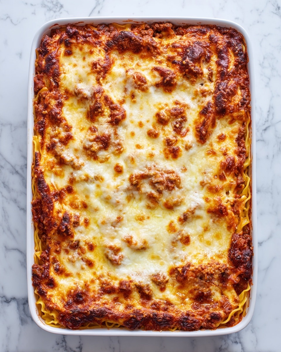 The image shows a white rectangular baking dish filled with a baked pasta casserole. The top layer is melted cheese, golden and slightly browned in spots, with a sprinkling of black pepper. Beneath the cheese, the layers include a mix of cooked pasta that has a light yellow color and a tomato-based sauce with chunks of red tomatoes and bits of ground meat showing through. The casserole has a textured and slightly uneven surface and sits on a white marbled surface. Photo taken with an iphone --ar 4:5 --v 7