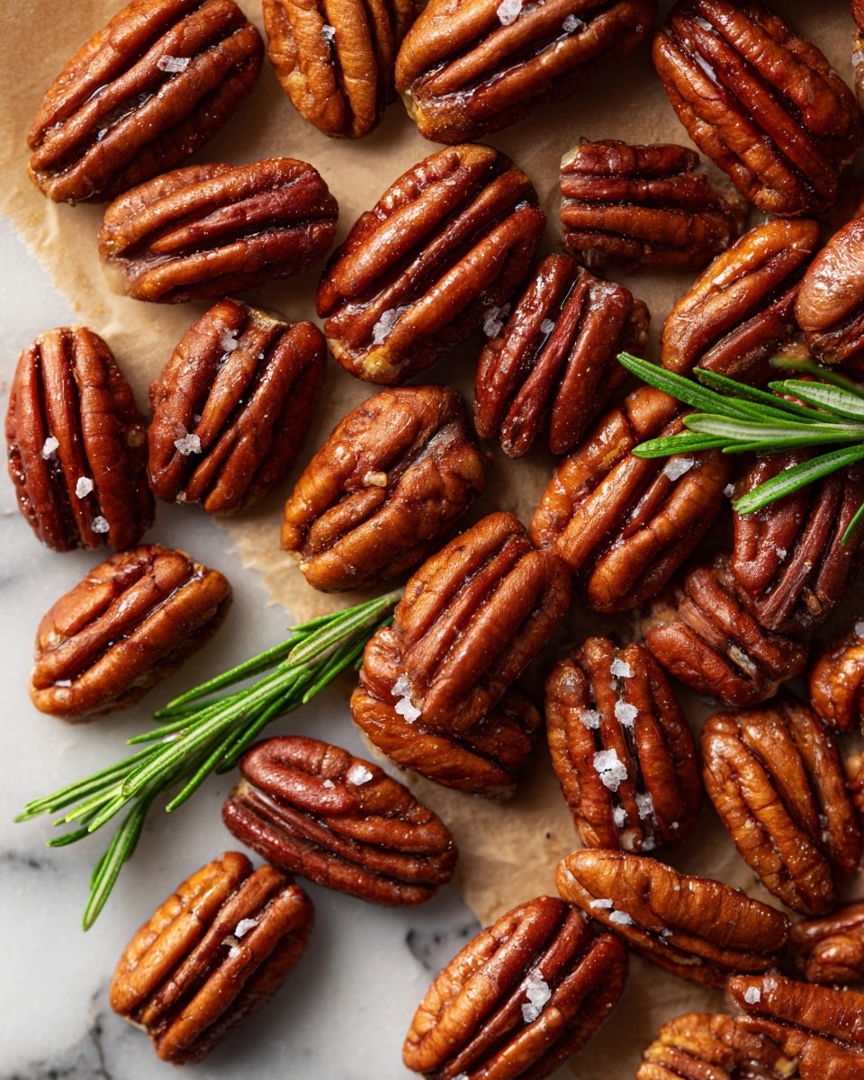 A close-up view of many brown pecan nuts spread out on a sheet of light brown parchment paper. The pecans have a shiny, slightly wrinkled texture with deep lines and ridges. Small bits of white salt crystals are scattered on and around the nuts. Thin sprigs of fresh green rosemary are placed randomly among the pecans. The parchment paper rests on a white marbled surface, adding a clean and bright background. photo taken with an iphone --ar 4:5 --v 7
