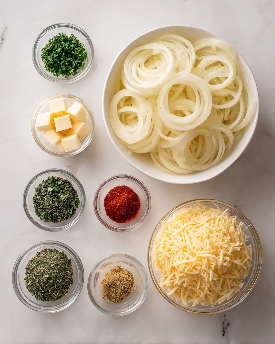 The image shows a white bowl filled with several layers of thin, light yellow onion rings with a smooth texture, placed on the right side. To the left, there are small clear bowls arranged in two rows. The top row has four small bowls containing finely chopped green herbs, light yellow granulated seasoning, white cubes of butter, and finely shredded pale yellow cheese. The bottom row has three bowls with dried green herbs, a darker green dried herb, and bright red paprika powder. Below these rows, there are two larger clear bowls filled with two types of shredded cheese – one is white and the other is light yellow. All bowls are placed on a white marbled surface photo taken with an iphone --ar 4:5 --v 7
