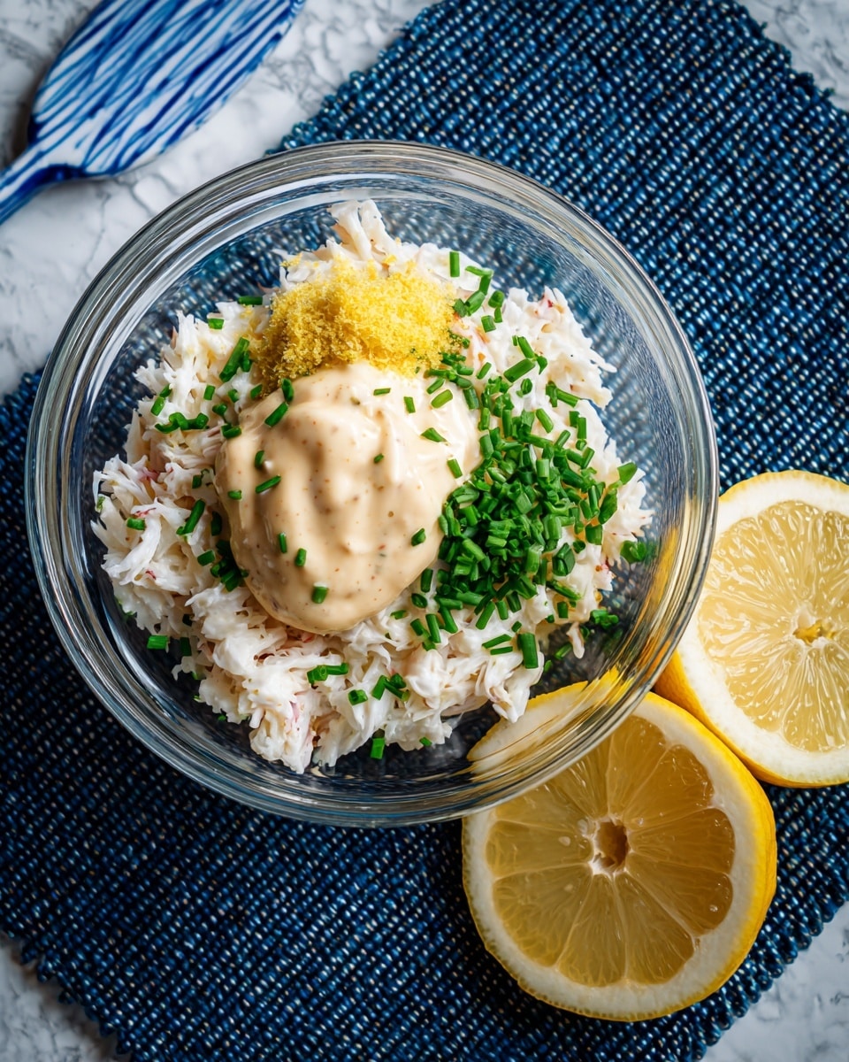 A clear glass bowl sits on a dark blue woven placemat over a white marbled surface. Inside the bowl, there is a mix of white crab meat pieces as the base, topped with a dollop of pale mayo-like sauce sprinkled with finely chopped green chives. Next to the sauce are small amounts of yellow lemon zest and a smooth, light brown mustard. To the top right of the bowl, two lemon halves with bright yellow rinds and pale yellow flesh rest on the placemat. The corner of a dripping blue and white spatula is visible in the upper left corner. photo taken with an iphone --ar 4:5 --v 7