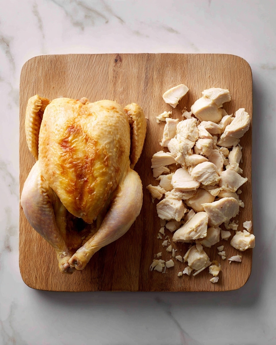 A wooden cutting board is placed on a white marbled surface. On the left side of the board lies a whole cooked chicken with a light golden-brown skin that looks soft and slightly moist. The chicken is split open in the middle, revealing pale, tender meat inside. To the right of the chicken, there is a neat pile of white cooked chicken pieces, roughly shaped in small chunks and scattered bits around them. The overall look is simple and clean photo taken with an iphone --ar 4:5 --v 7
