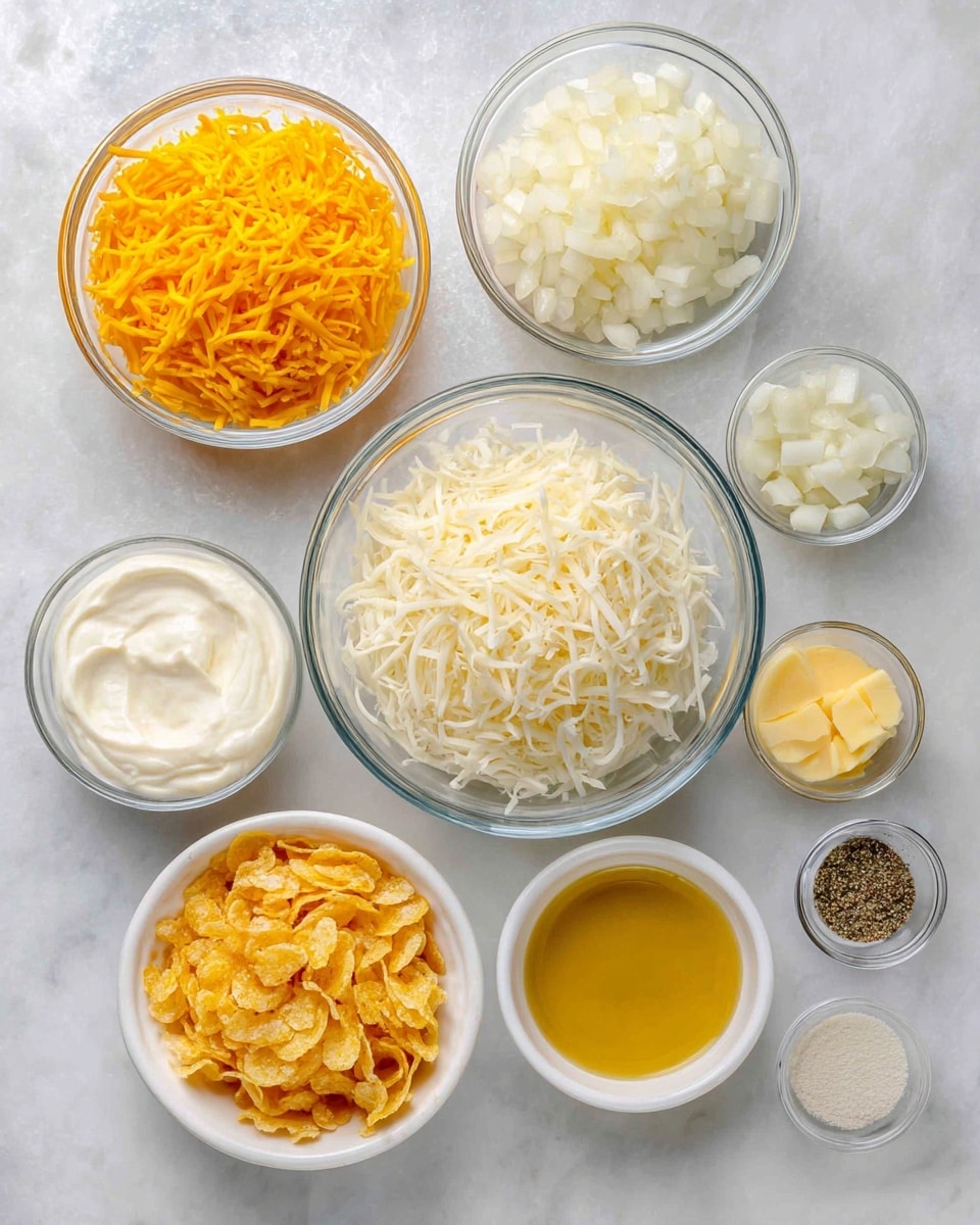 A top view of several small bowls arranged on a white marbled surface, each holding different ingredients. In the center, a clear glass bowl is filled with shredded white potatoes. Below it, a white bowl is filled with crushed cornflakes that are golden yellow. To the left, another white bowl holds shredded bright orange cheddar cheese. Above the cheese, a white bowl is filled with a smooth white creamy substance. Next to this, two clear glass bowls hold diced white onions and melted butter, respectively. On the right side, a small clear bowl contains smooth yellow mustard, and two tiny bowls hold salt and pepper, and garlic powder. The ingredients are neatly placed and well-lit, showing different textures and vibrant colors. Photo taken with an iphone --ar 4:5 --v 7