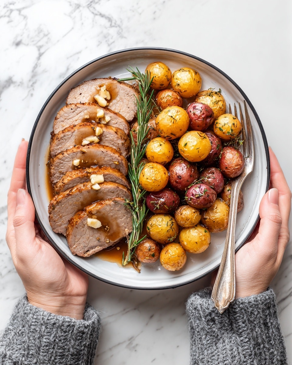 A white plate with a black rim holds two main parts: on the left side are five slices of cooked meat, light brown with a glossy sauce and small bits of garlic on top. On the right side, there are small roasted potatoes, some red and some yellow, all slightly browned and seasoned with herbs, piled together. A silver fork rests near the bottom edge inside the plate. The plate is held by two woman's hands wearing a gray knitted sweater, set against a white marbled surface. photo taken with an iphone --ar 4:5 --v 7