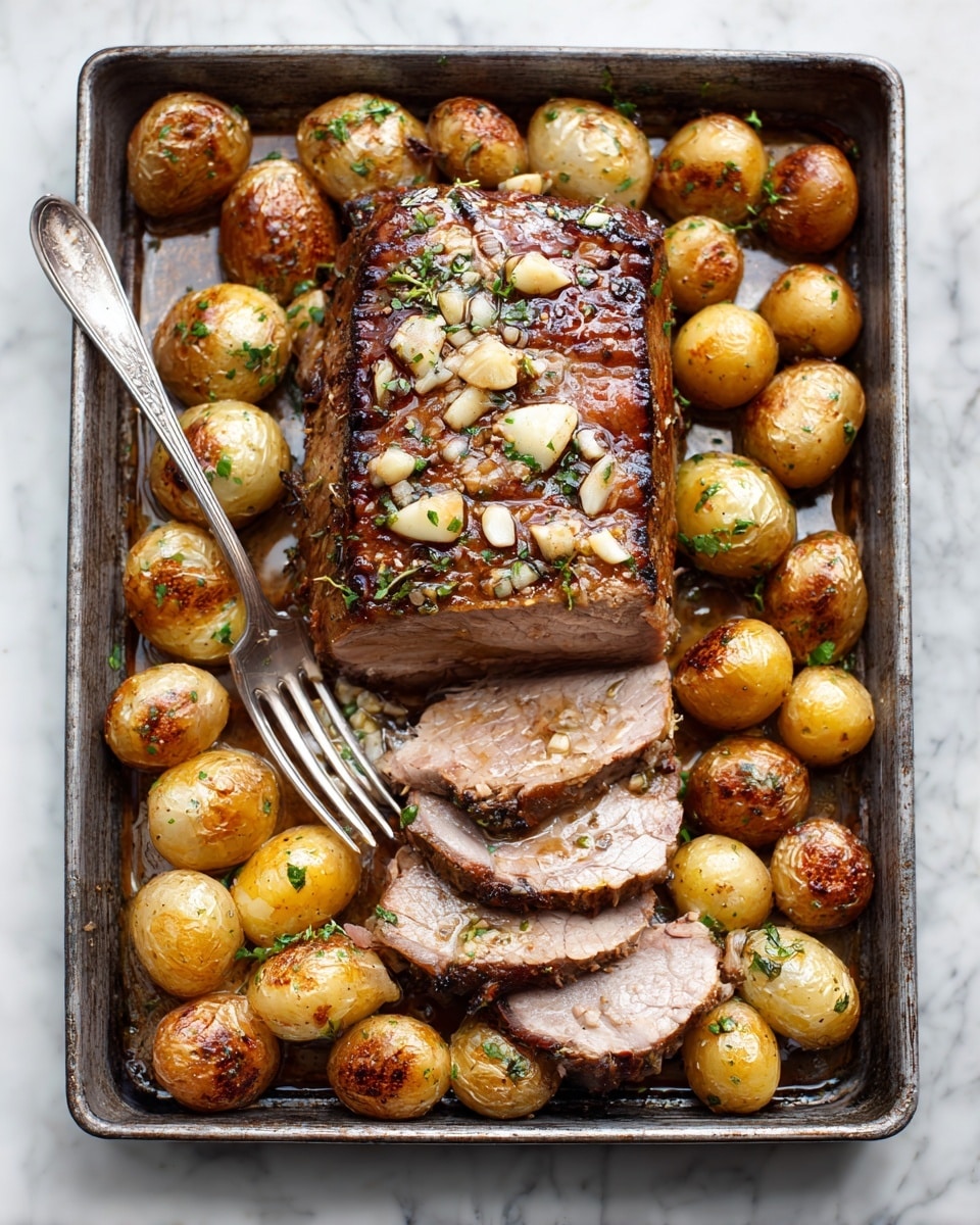 A baking tray with sliced roasted meat placed in the middle, each slice showing a brown crispy outside and a tender, juicy inside with a slightly pink middle; the meat is topped with small pieces of garlic and a light glaze. Surrounding the meat, there are halved roasted baby potatoes in shades of light brown, golden, and reddish with a slightly crispy texture and some green herb bits sprinkled on top. A silver fork is placed under the meat on the left side. The tray rests on a white marbled surface. photo taken with an iphone --ar 4:5 --v 7