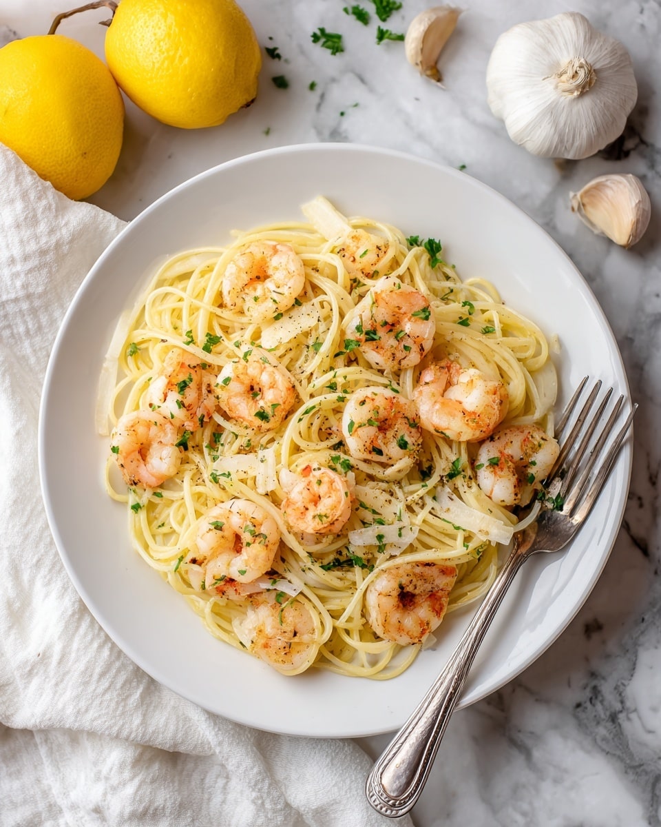 This image shows a close-up of a white pan filled with shrimp and spaghetti. On the left side, there are many pink and white shrimp with green herbs sprinkled on them. On the right side, long light yellow spaghetti noodles are mixed together, with some small bits of red and green seasoning visible. The pan has a silver handle at the back. The background is a white marbled texture. photo taken with an iphone --ar 4:5 --v 7
