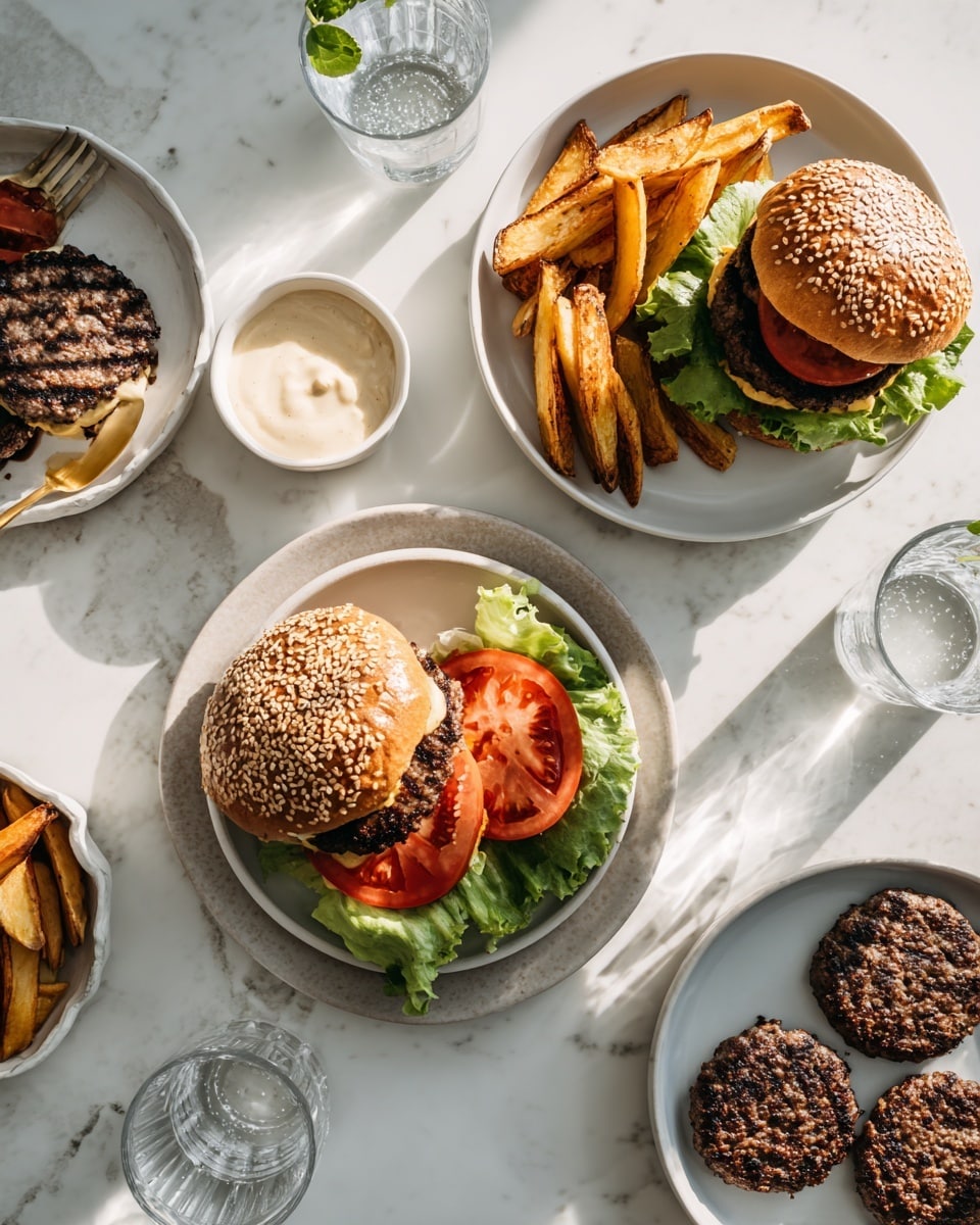 The image shows a meal with multiple white plates on a white marbled surface. Two plates have complete burgers with brown sesame seed buns on top, visible green lettuce below the bun, and golden brown potato wedges on the side. Another plate has an open burger with a sesame seed bun bottom, dark brown grilled patties, bright red tomato slices, and leafy green lettuce. There is also a white plate of three grilled meat patties. Two smaller white bowls contain sauces, one white and creamy, the other light beige with a spoon inside. Clear glasses with water are placed around the plates. The scene is bright and fresh, with the food neatly arranged. Photo taken with an iphone --ar 4:5 --v 7