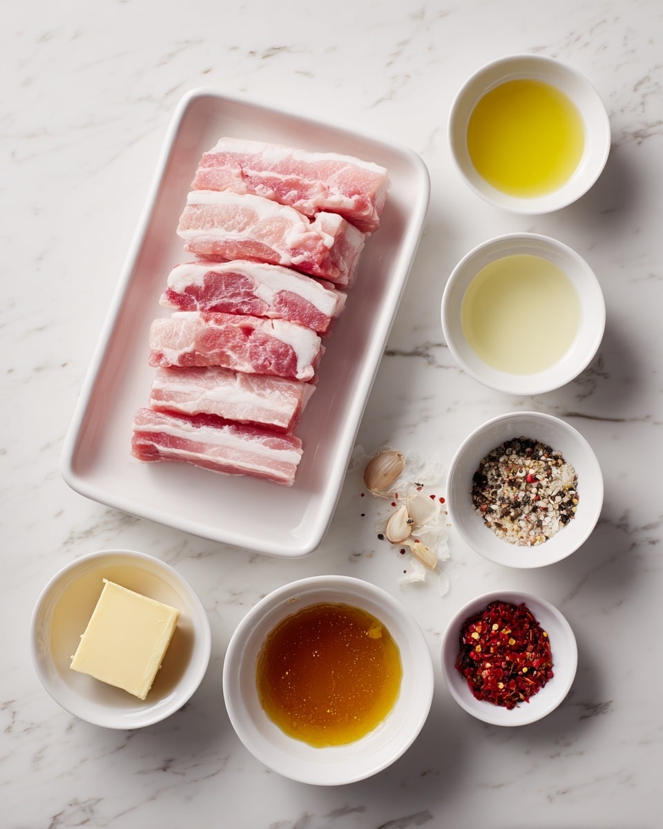 A white rectangular dish holds four raw pink pork slices neatly layered on top of each other, placed in the center left of the image on a white marbled surface. To the right side, three small white bowls are aligned vertically, filled with clear liquid, pale yellow oil, and another clear liquid from top to bottom. Below, four more small white bowls are arranged in a loose semicircle around the bottom of the dish: the left bowl contains a pale yellow block of butter, next is a bowl with coarse salt and black pepper mixed, followed by a bowl of red chili flakes, and the right bowl holds finely chopped garlic. At the center bottom is a small white bowl filled with thick, amber-colored sauce. Photo taken with an iphone --ar 4:5 --v 7