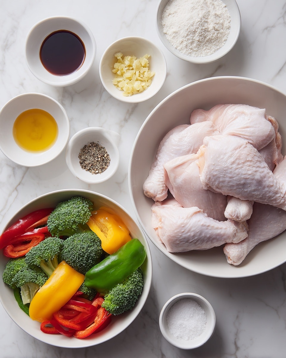 Top view of several white dishes arranged on a white marbled surface. One large white bowl holds three raw chicken pieces, light pink and smooth. Next to it, a white bowl filled with mixed fresh vegetables: green broccoli florets, yellow bell pepper slices, green bell pepper slices, and red bell pepper slices, all vibrant and fresh. Smaller white dishes surround them, including one with a dark brown liquid sauce, one with a small pile of light yellow minced garlic, one with a golden honey-like sauce, one with white powdered starch, and one with a small amount of black pepper and salt mix. Photo taken with an iphone --ar 4:5 --v 7