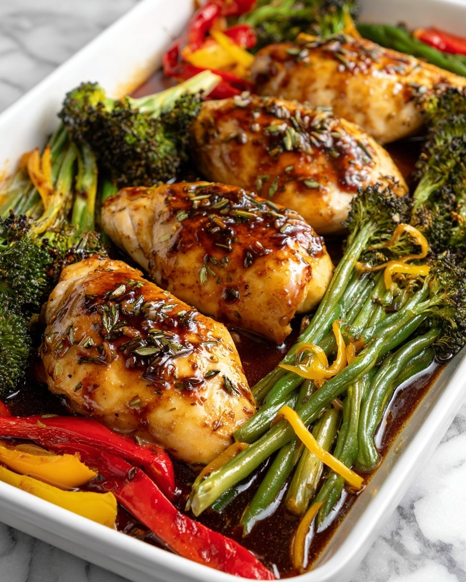 A white tray holds three golden brown cooked chicken pieces covered with a dark shiny sauce. Surrounding the chicken are several clusters of roasted broccoli with a slightly charred texture, bright red roasted peppers on the left side, and cooked green beans mixed with yellow pepper strips on the right side. The sauce pools around the chicken and vegetables, giving a rich, moist look to the dish. The tray is set on a white marbled surface. photo taken with an iphone --ar 4:5 --v 7