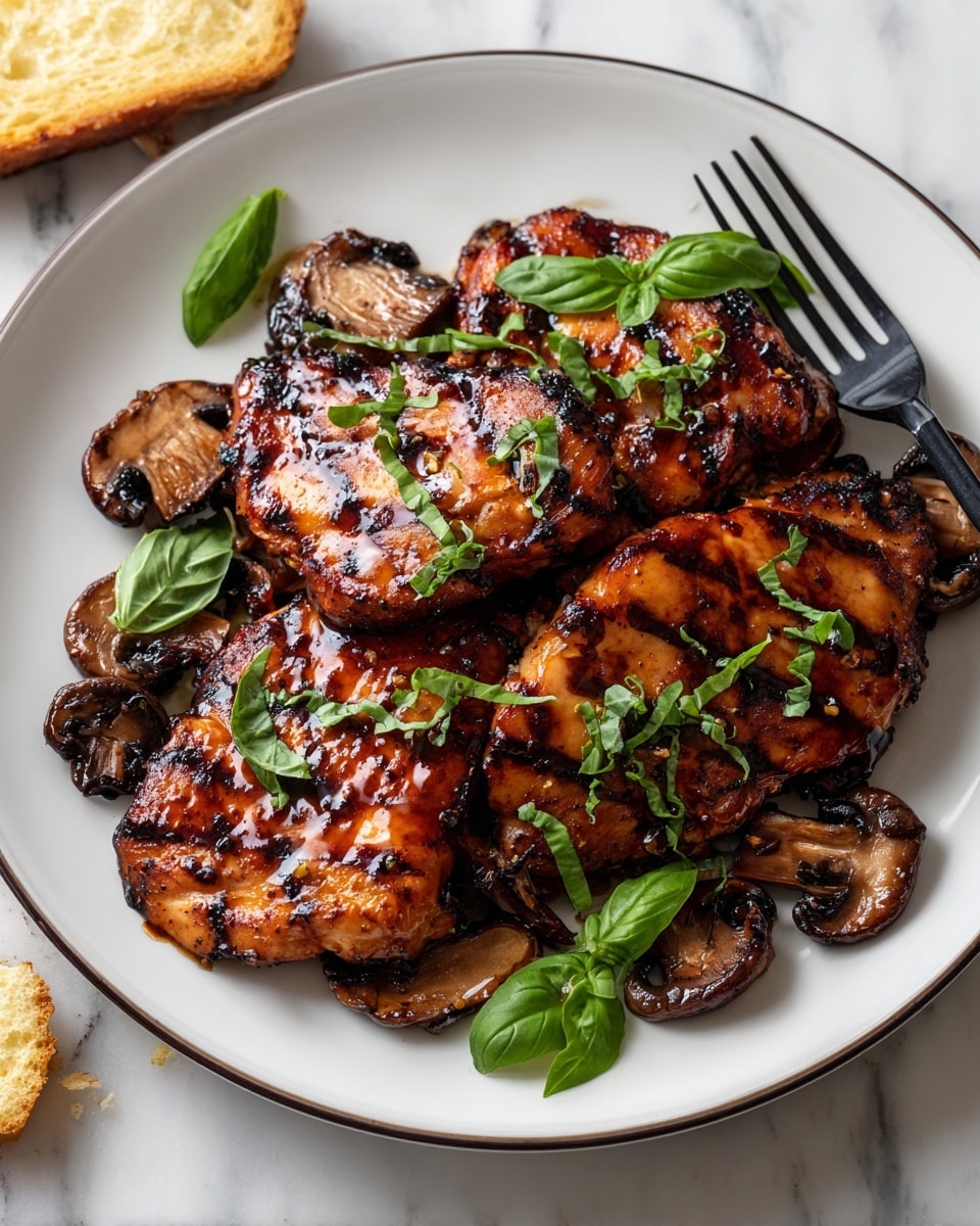 A metal baking tray holds about eight golden-brown chicken thighs, each with a charred, slightly shiny, spiced surface, arranged closely but not overlapping. Dark brown mushroom pieces, both halved and whole, are scattered among the chicken. Bright green basil leaves add fresh color near the center and bottom left corner of the tray. In the bottom left corner of the image, there is a white cup filled with a dark sauce, accompanied by three small silver spoons resting inside. The tray sits on a white marbled surface. photo taken with an iphone --ar 4:5 --v 7