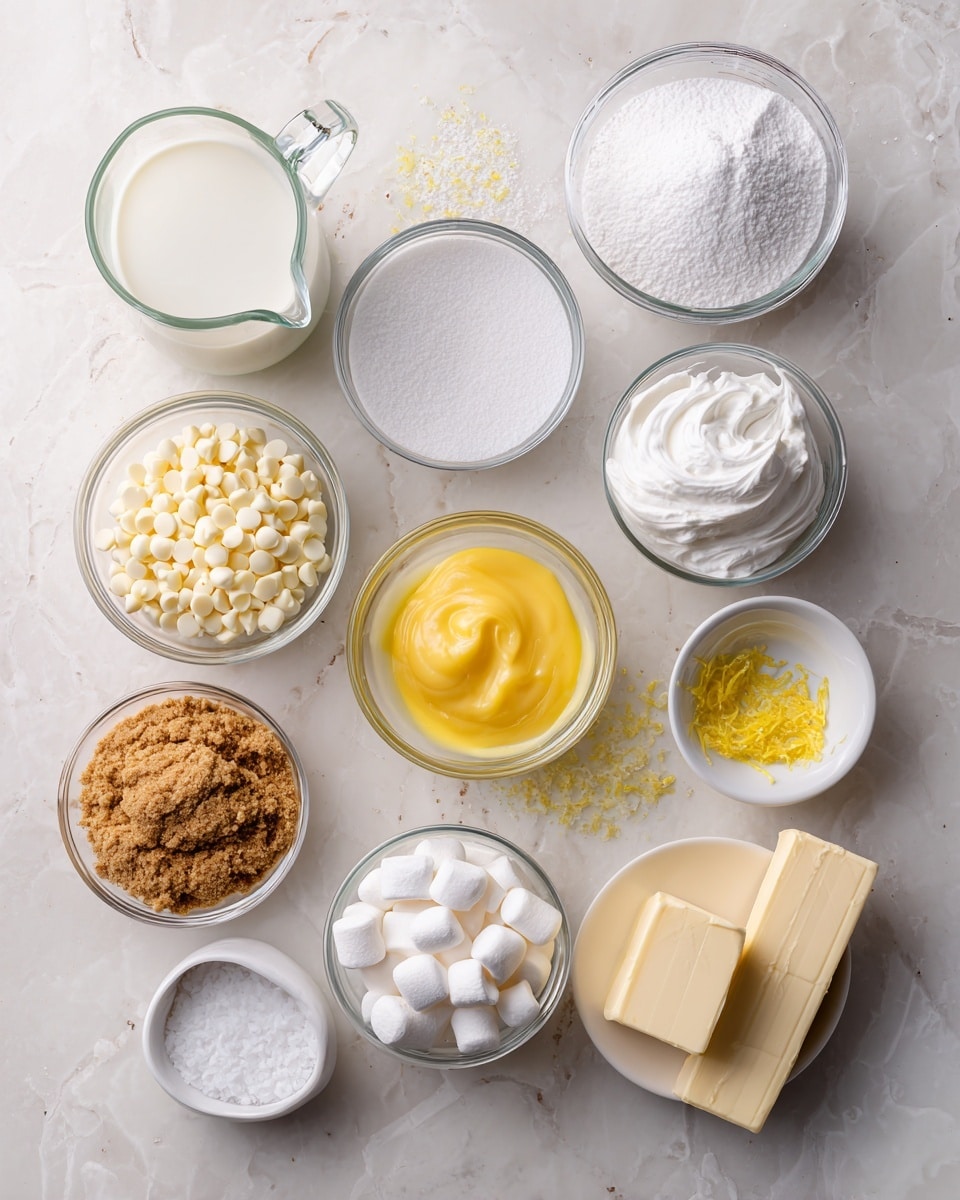 A top-down view of several clear glass bowls and a glass measuring cup arranged on a white marbled surface, each holding a baking ingredient. There is a small bowl filled with fine white sugar near the top center, a glass measuring cup of heavy cream to the left, and a container of white marshmallow fluff near the top right. Below the sugar, a larger bowl contains small white chocolate chips. To the bottom left, a small bowl holds light brown graham cracker crumbs, while a round bowl with bright yellow lemon curd is centered lower down. A small bowl of white mini marshmallows is to the right. Near the bottom left, grated yellow lemon zest sits in a small bowl, and a tiny bowl with white salt is at the bottom right. Two sticks of butter, still wrapped, lie next to the mini marshmallows. Each ingredient is labeled in black text on white rectangular backgrounds positioned near their container edges. photo taken with an iphone --ar 4:5 --v 7