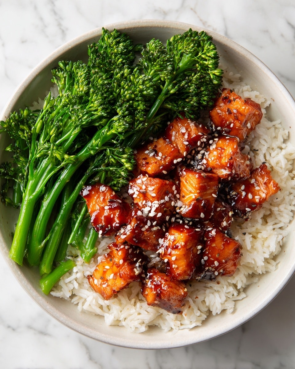 The dish is served in a white bowl placed on a white marbled surface. Inside the bowl, there are white rice grains forming the base layer, covering about half the space. On top of the rice, there are shiny, caramel-colored glazed salmon cubes with a slightly charred texture, sprinkled with white sesame seeds. On one side of the bowl, there are bright green broccolini stalks, cooked but still crisp and fresh-looking. The overall colors are warm orange-brown from the salmon, white from the rice, and vibrant green from the broccolini. Photo taken with an iphone --ar 4:5 --v 7
