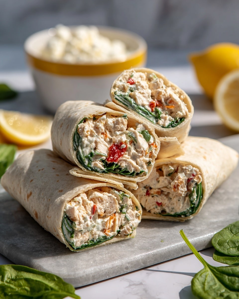 The image shows two white tortillas placed flat on a white marbled surface, each topped with a layer of fresh green spinach leaves and a generous scoop of creamy, light-colored chicken salad with visible small specks of seasoning. To the right, there is a wooden cutting board with a whole knife that has a black handle resting on it, along with two rolled tortillas, one whole and one cut in half revealing the green spinach and chicken salad filling inside. The scene is brightly lit, with simple, natural textures shining through. photo taken with an iphone --ar 4:5 --v 7