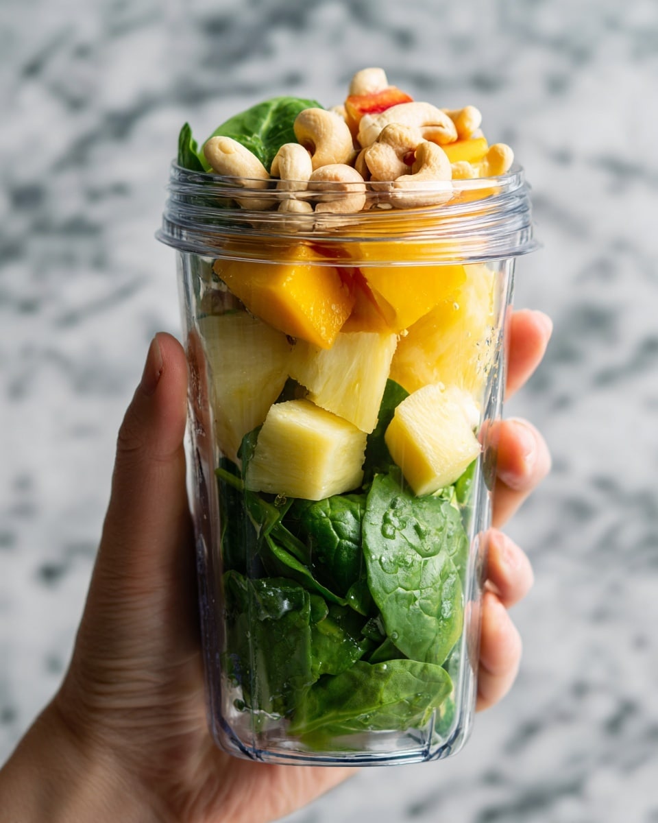 A clear blender cup held by a woman's hand, filled with layers of ingredients starting with bright green spinach leaves at the bottom, followed by chunks of yellow and orange tropical fruit blend like pineapple and mango pieces, scattered raw cashews on top, and a small amount of clear coconut water filling the gaps; the background shows a white marbled texture surface photo taken with an iphone --ar 4:5 --v 7
