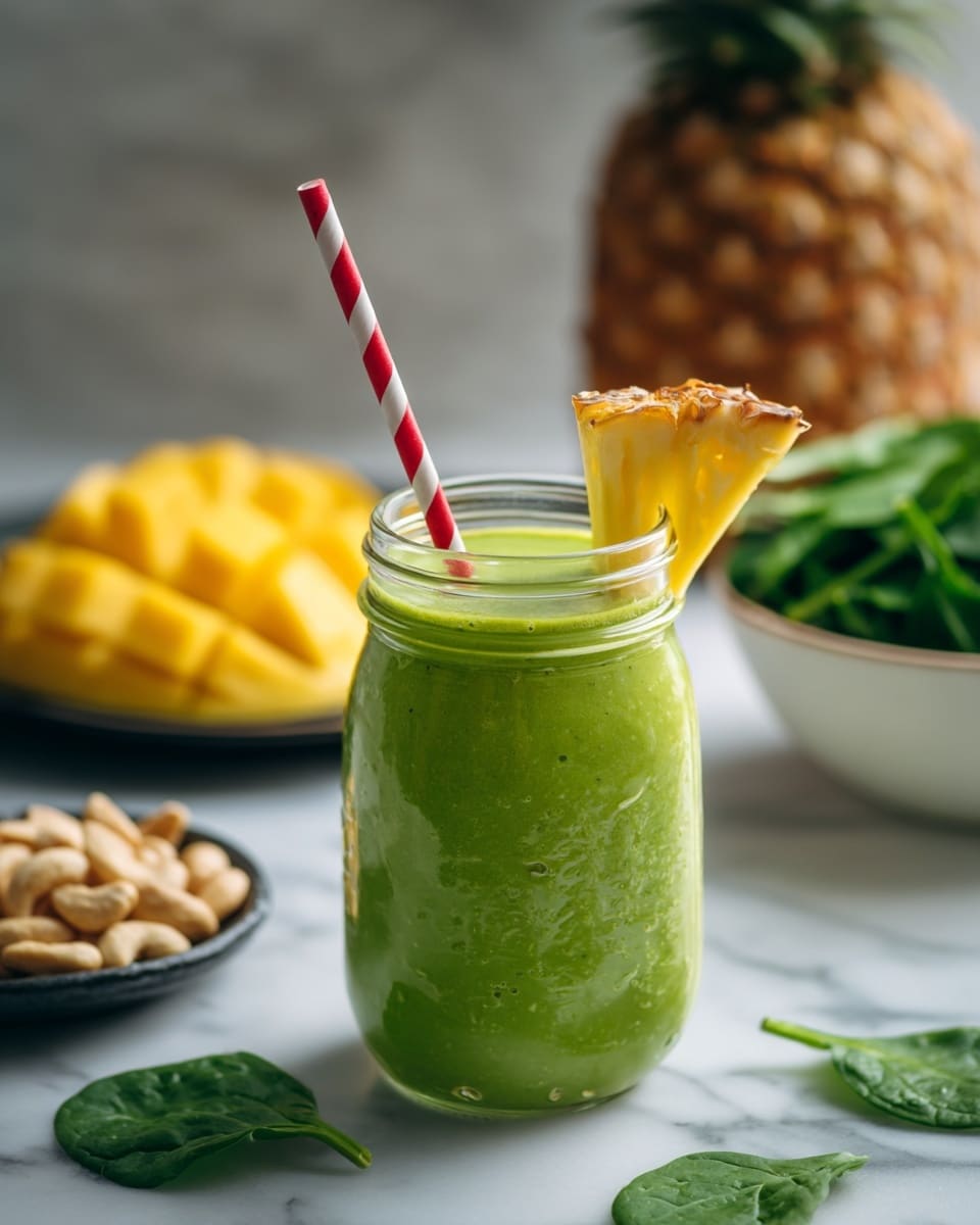 A clear glass jar filled with a bright green smoothie sits in the center. The smoothie is smooth in texture and fills the jar almost to the top. A red and white striped straw stands upright in the jar, and a small slice of yellow pineapple is placed on the rim. Behind the jar, there is a whole pineapple and a blurred mango. To the left, yellow mango slices are spread out on a white marbled surface, and behind them, a white bowl with fresh green spinach leaves rests on a black plate with some light brown cashews. The scene is bright and neat, photo taken with an iphone --ar 4:5 --v 7