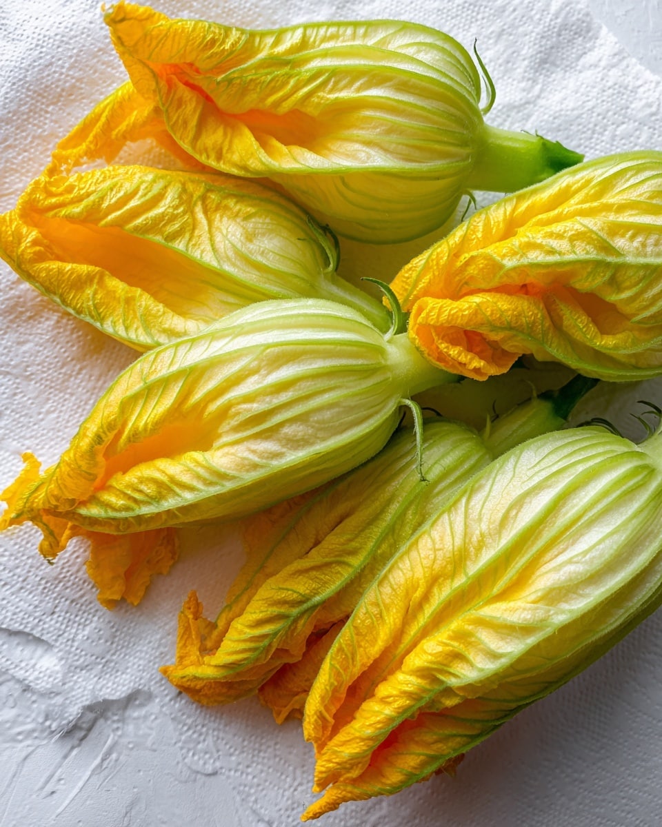 The image shows several bright yellow and green squash blossoms laying close together on a white paper towel. The petals are soft with gentle wrinkles, mainly yellow with light green edges and veins running through them. The flowers are slightly open, showing the delicate texture and folds of each petal. The background consists of a white marbled texture that contrasts with the vivid colors of the blossoms. Photo taken with an iphone --ar 4:5 --v 7