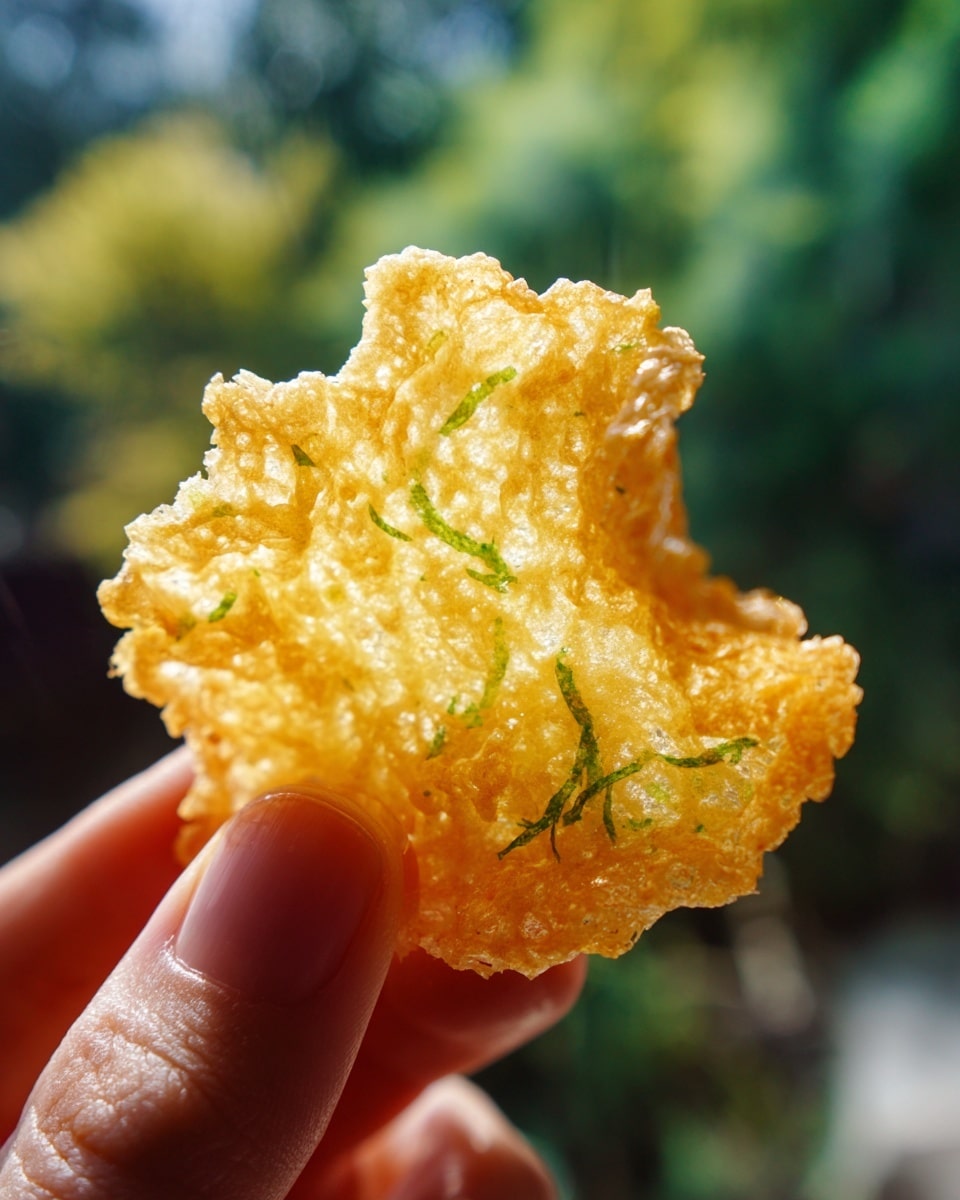 A close-up of a golden-brown fried dumpling held by a woman's hand, showing a thin, crispy outer layer with a slightly bubbled texture. The dumpling is torn open to reveal a warm orange filling inside. In the blurred background, several more dumplings lie on a white plate with a blue and white patterned cloth underneath, all placed on a white marbled surface. photo taken with an iphone --ar 4:5 --v 7
