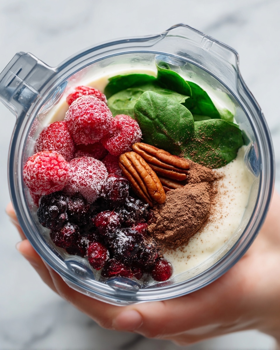 A top view of a clear blender cup filled with layers of ingredients on a white marbled surface. The bottom layer is pale almond milk, slightly cloudy and smooth. Above it, there is a thick layer of white yogurt visible around the sides. On top of the yogurt, there is a mix of small dark blackberries, deep red raspberries, and bright red frozen strawberries with frosty texture. Scattered around and on top of the berries are bright green spinach leaves that look fresh and leafy. Light brown flaxseed powder is sprinkled over the berries and spinach, adding a powdery texture. A few large shiny brown pecans rest visibly on the top right side near the spinach. A woman's hand is holding the blender cup from the left. Photo taken with an iphone --ar 4:5 --v 7
