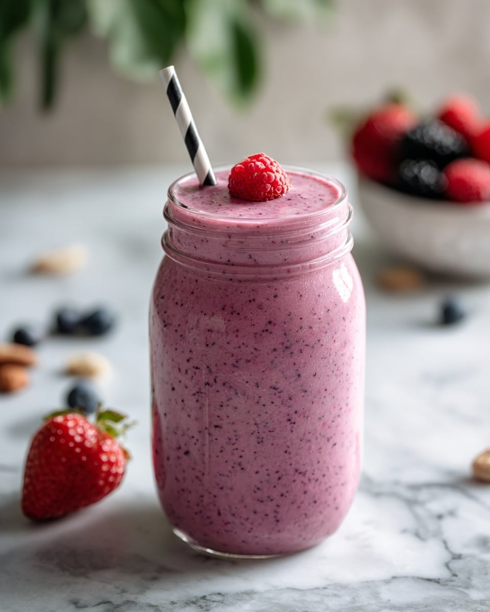 A clear glass jar filled with a thick pink smoothie, topped with one red raspberry and a black-and-white striped straw sticking out from the top. The jar sits on a white marbled surface, surrounded by scattered fresh raspberries, blueberries, and pecans. To the right of the jar, there is a shiny spoon filled with golden flaxseeds resting on the surface. In the background, there is a white bowl filled with mixed berries and some green leaves, all set against a soft blurred white background. photo taken with an iphone --ar 4:5 --v 7