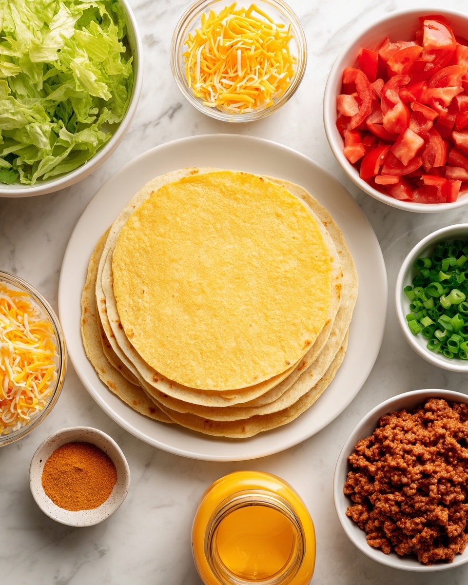 A white plate with two stacks of round flatbreads, the top stack having yellow corn tortillas and the bottom stack having light beige flour tortillas, sits on a white marbled surface. Around the plate are several white bowls: one bowl filled with bright red diced tomatoes at the top right, one bowl filled with shredded green lettuce below it, a small bowl with chopped green onions on the right, a bowl of mixed shredded yellow and white cheese on the left, and a small bowl containing orange-brown taco seasoning near the lower left. In the center is a clear jar filled with smooth, bright orange cheese sauce. At the bottom right, part of a white bowl holds raw ground meat with a rich red color and coarse texture. photo taken with an iphone --ar 4:5 --v 7