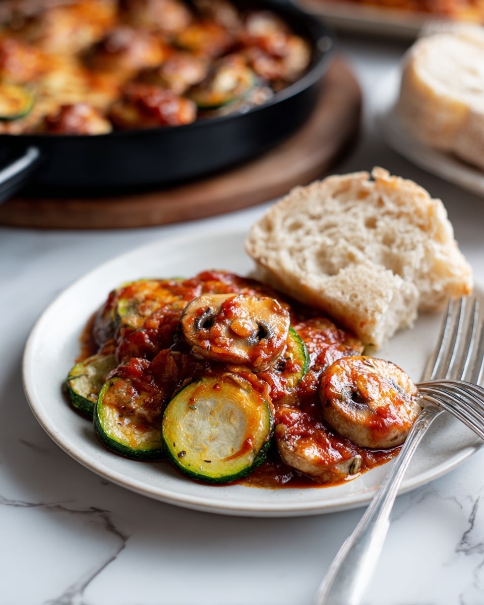 This close-up image shows many pieces of cooked zucchini covered with a red sauce. The zucchini slices are cut into half-moon shapes, showing green skin on the edges and pale greenish inside. The sauce adds a shiny, slightly chunky texture on top, blending well with the vegetables. The cooked zucchini looks soft with a mix of light green, orange-red, and some browned parts from cooking. The background is a white marbled texture. photo taken with an iphone --ar 4:5 --v 7