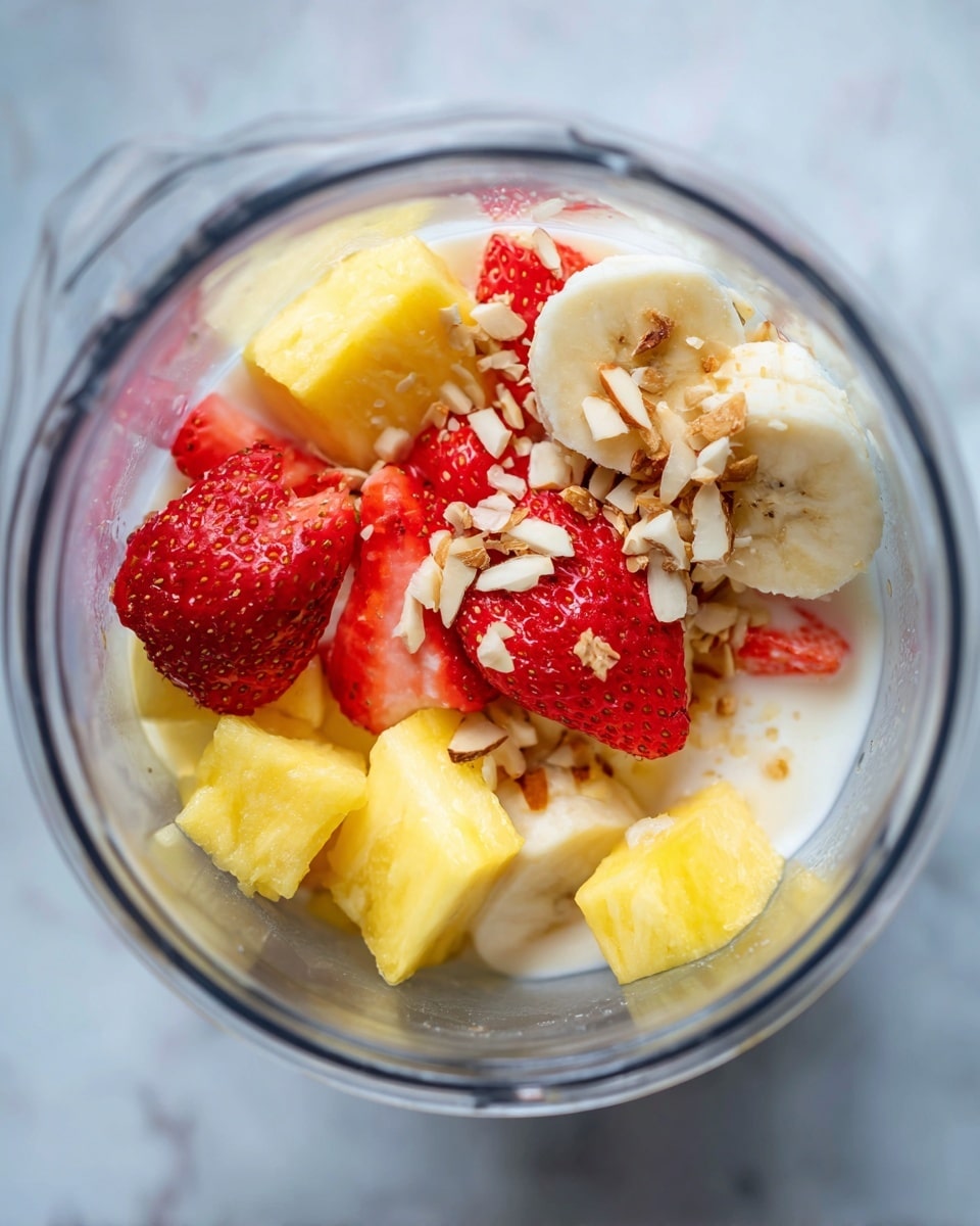 The image shows a top view of a clear blender jar filled with layered ingredients on a white marbled surface. At the bottom is a layer of creamy white coconut milk with a smooth texture, topped by chunks of bright yellow pineapple. Among the pineapple pieces are whole strawberries with a deep red color and seeds visible on their skin. There are also slices of light yellow banana nestled between the pineapple and strawberries. The top layer is sprinkled with small pieces of chopped almonds, light brown and slightly rough textured, scattered over the fruit. The overall look is fresh and colorful, with the clear jar highlighting each ingredient inside photo taken with an iphone --ar 4:5 --v 7