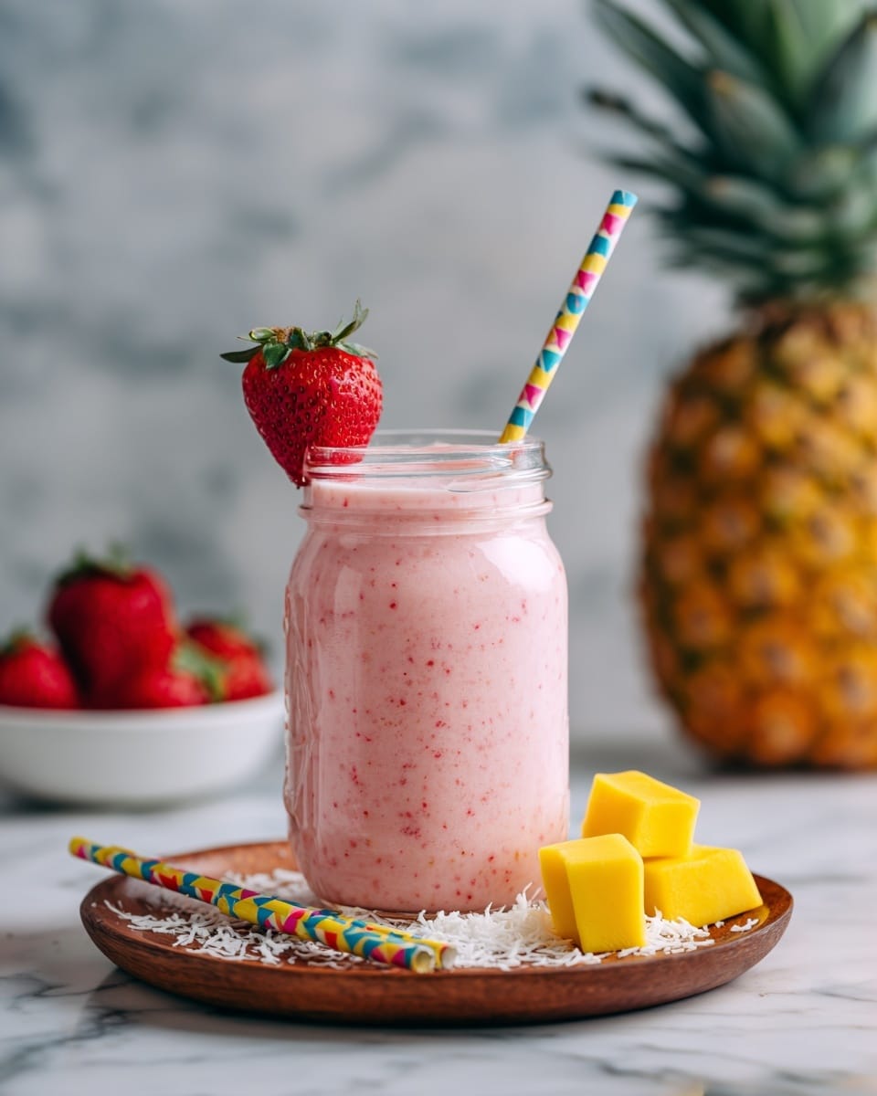 A tall clear glass jar filled with a light pink creamy smoothie, topped with a whole red strawberry placed on the rim, and a colorful straw inside the jar. The jar sits on a round white plate with some white flakes scattered around it. Behind the jar, there is a clear glass filled with whole red strawberries, a white bowl with yellow pineapple chunks, and a whole pineapple on a white marbled surface. Photo taken with an iphone --ar 4:5 --v 7