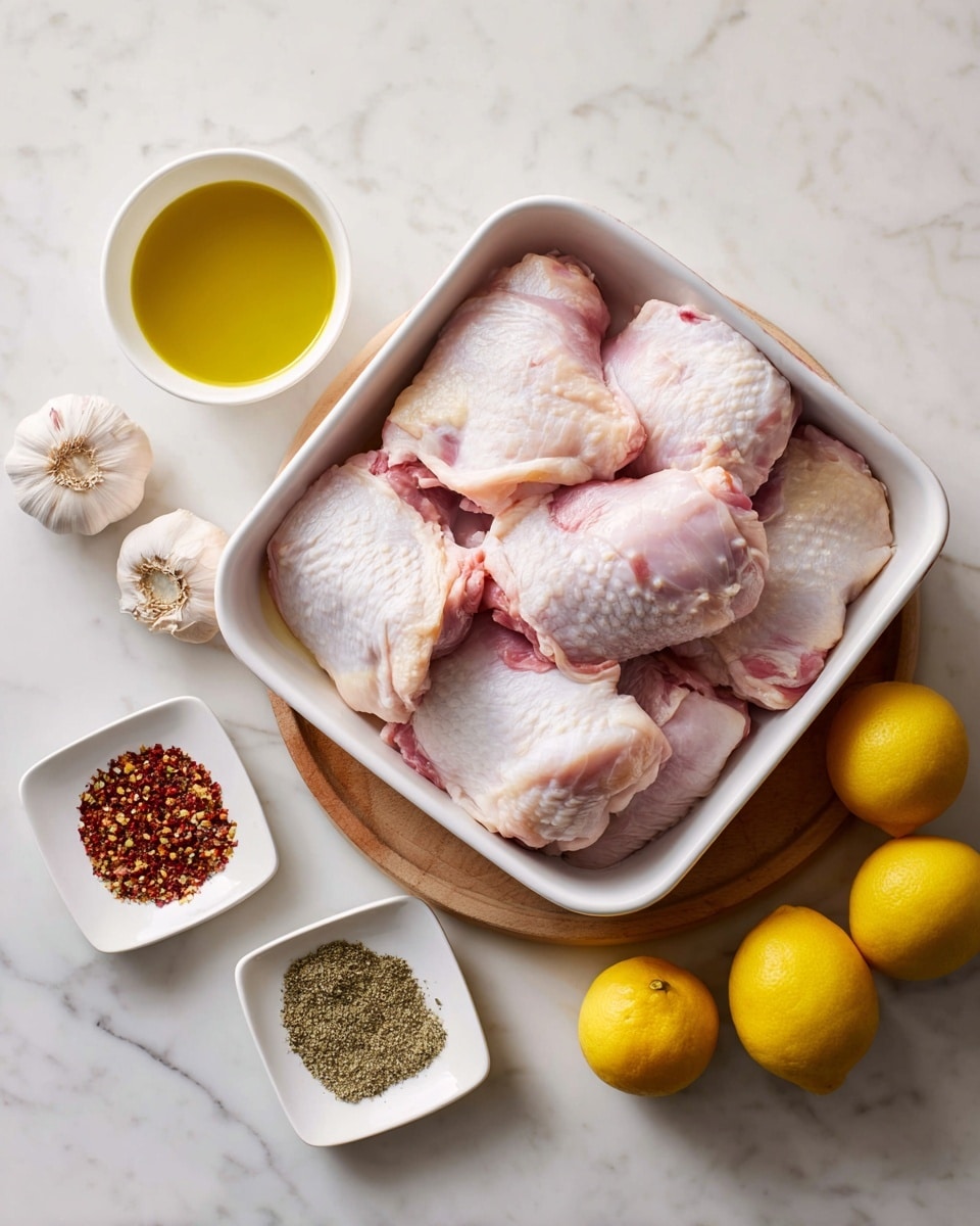 The image shows a white baking dish filled with raw chicken thighs with bone and skin, layered close together and showing pale pink and white textures with slight redness. Surrounding the dish on a round wooden board are bright yellow whole lemons, four garlic cloves with white papery skin, a small square white plate of red pepper flakes with deep red and orange tones, a similar plate of mixed Italian seasoning which looks dry and greenish-brown, another plate holding coarse white salt and black pepper mixed, and a small white bowl filled with golden yellow extra virgin olive oil. The setup sits on a white marbled surface. photo taken with an iphone --ar 4:5 --v 7